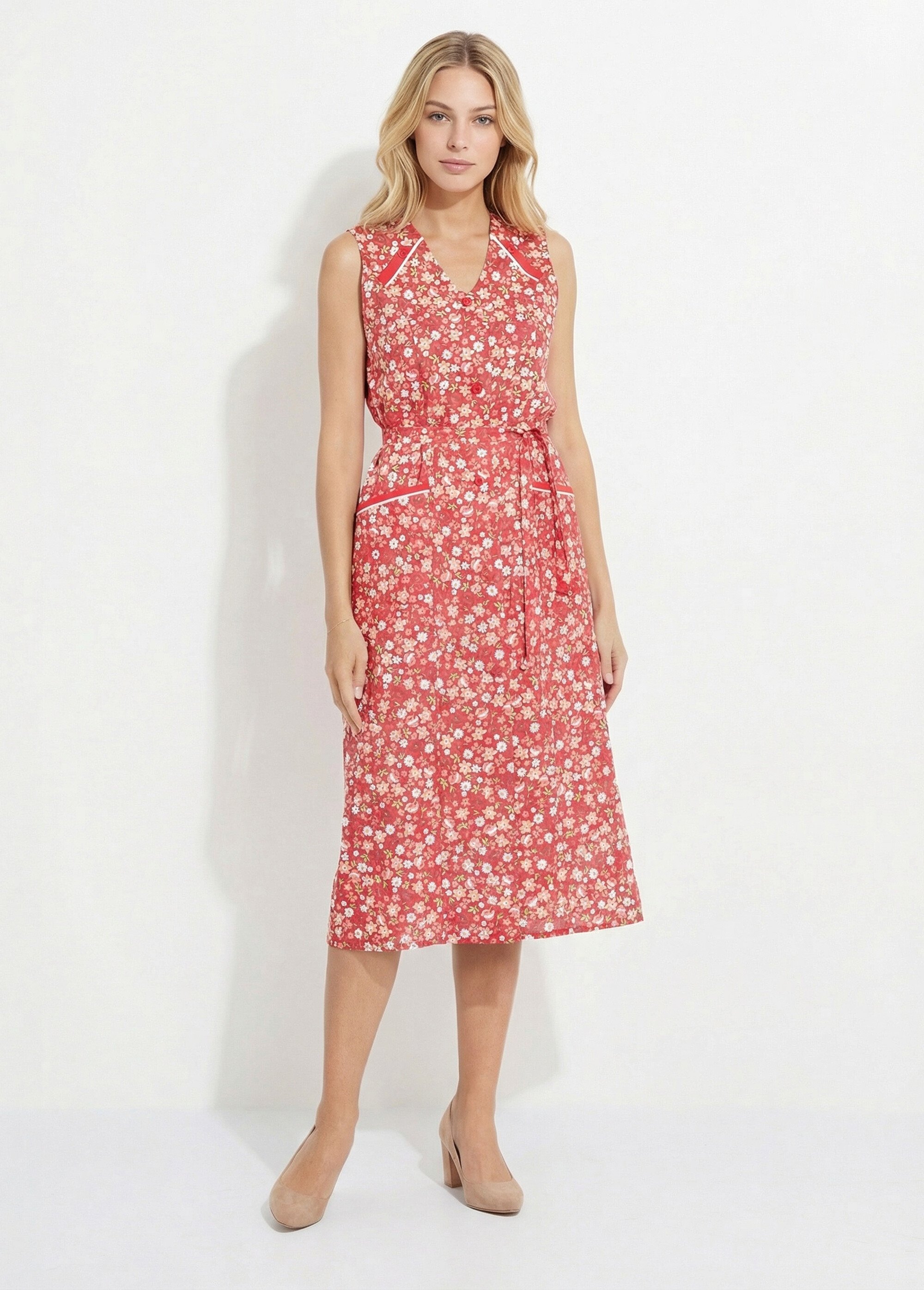 Tablier sans manches boutonné imprimé fleuri Femme Rouge ANNIE FA1