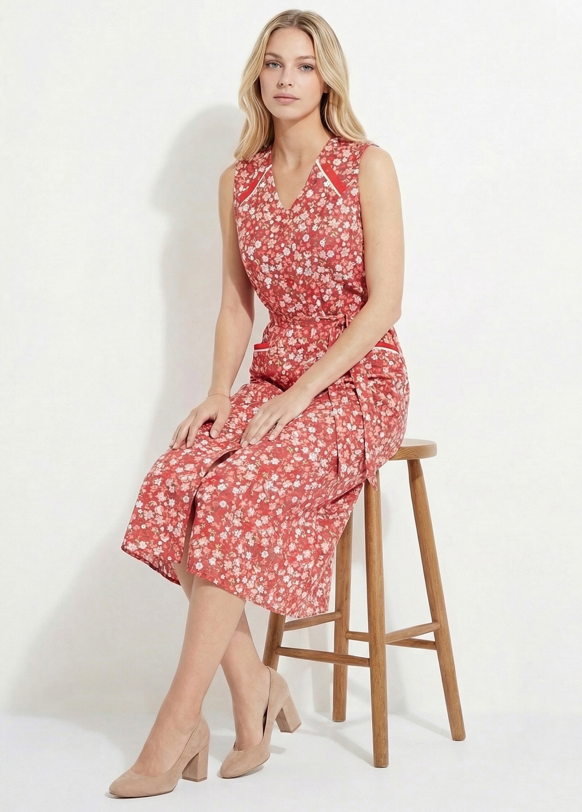 Tablier sans manches boutonné imprimé fleuri Femme Rouge ANNIE MV1