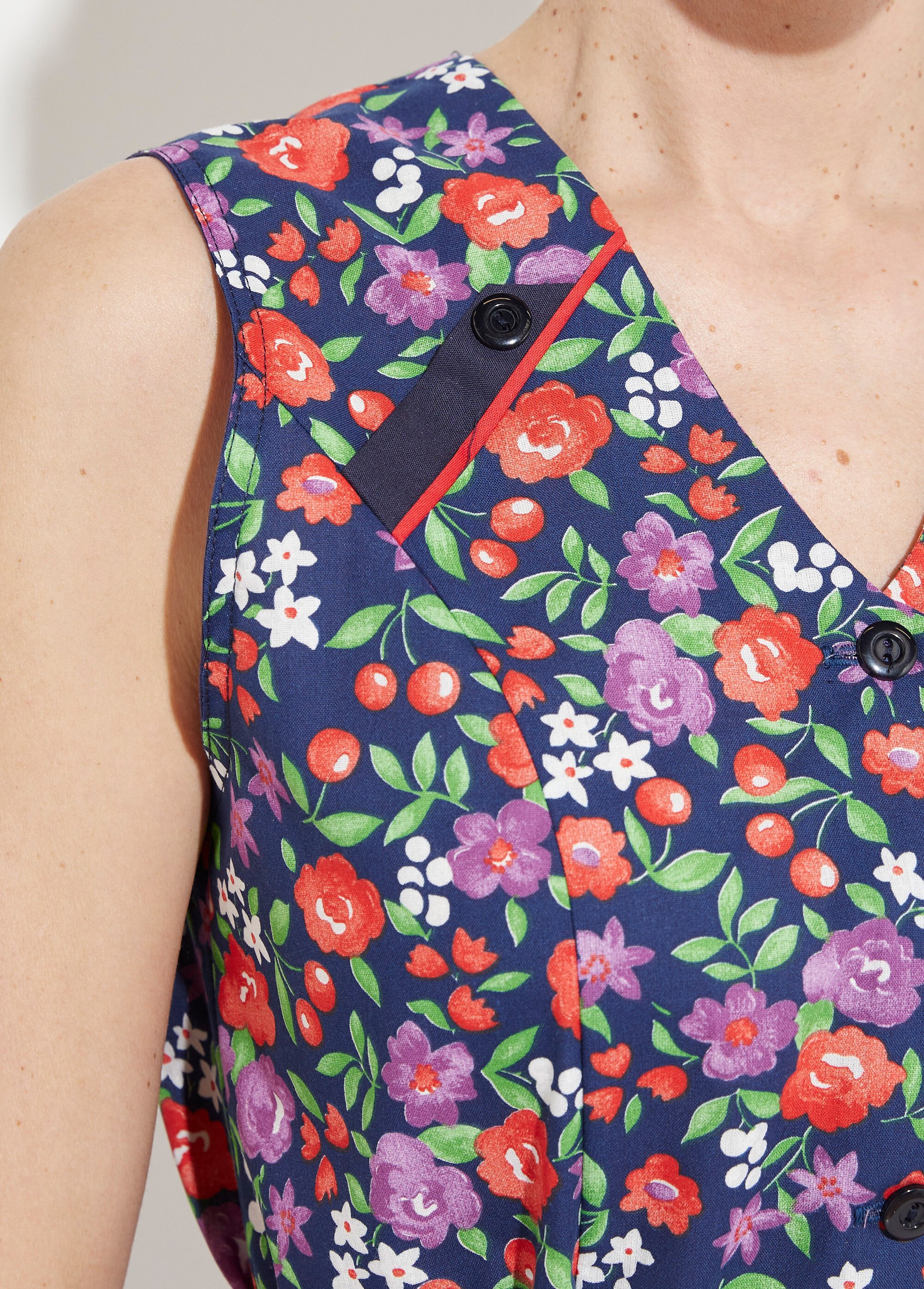 Tablier sans manches boutonné imprimé fleuri Femme Bleu ANNIE DE2