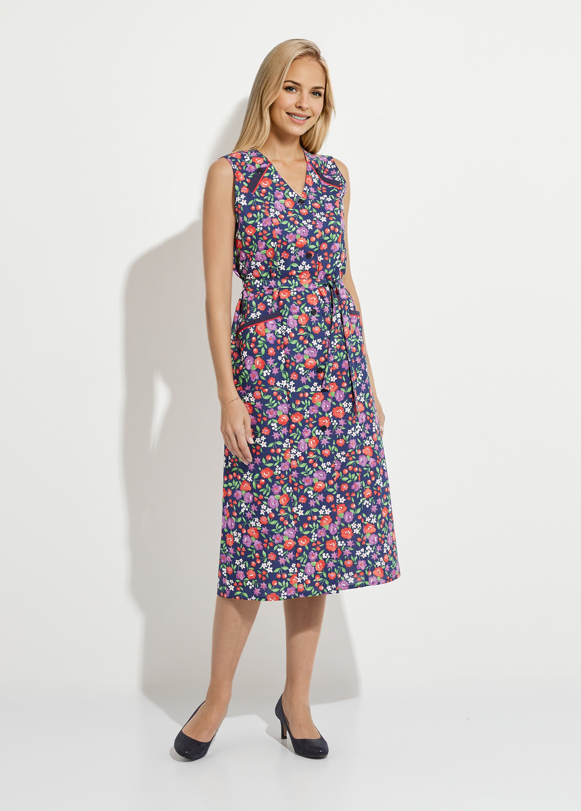 Tablier sans manches boutonné imprimé fleuri Femme Bleu ANNIE FA1
