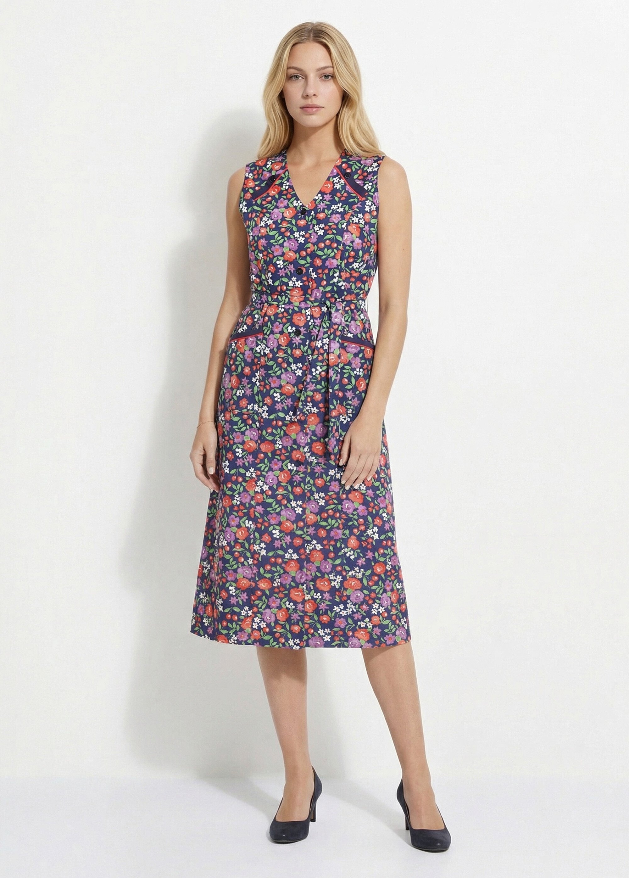 Tablier sans manches boutonné imprimé fleuri Femme Bleu ANNIE FA1
