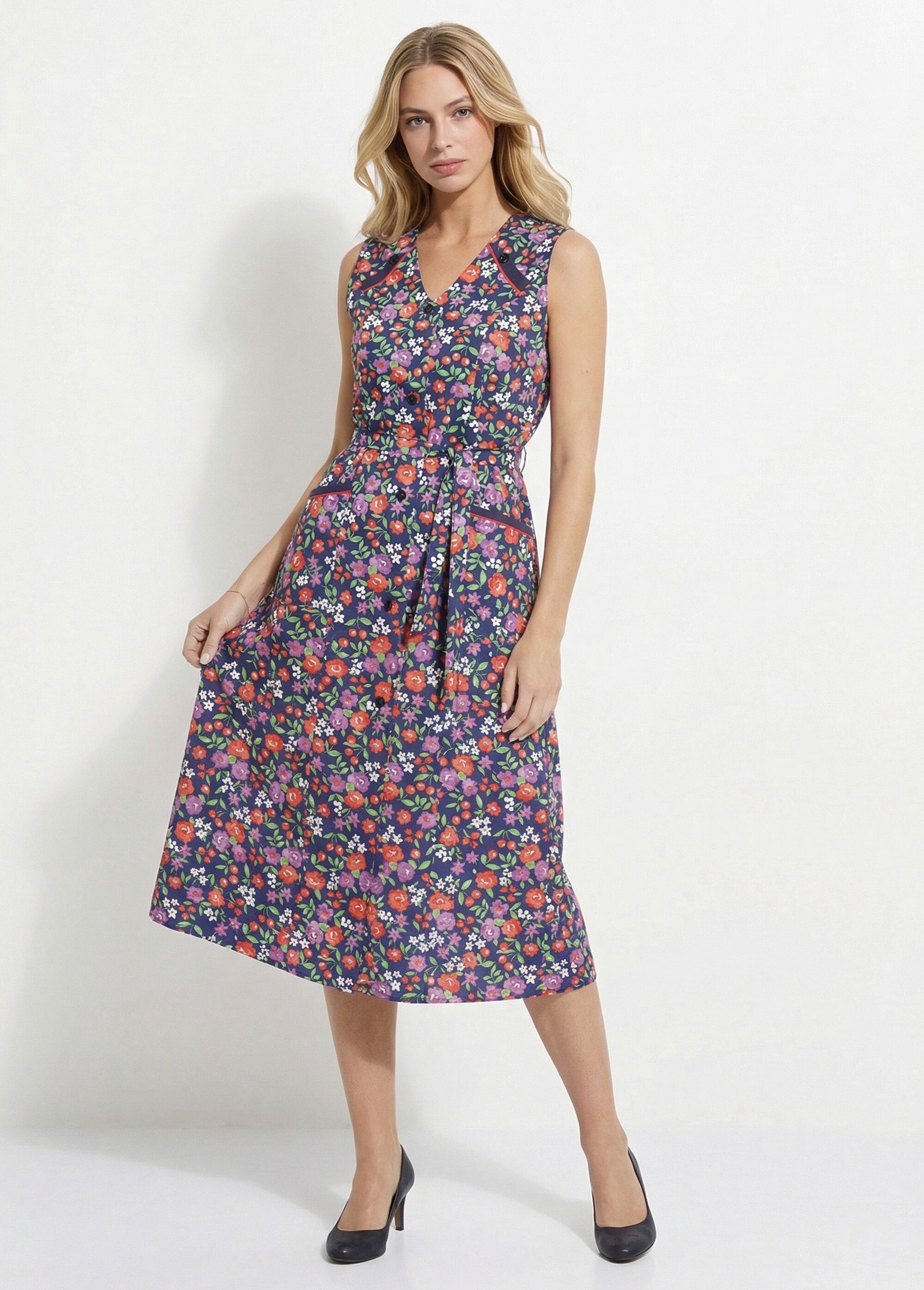 Tablier sans manches boutonné imprimé fleuri Femme Bleu ANNIE MV1