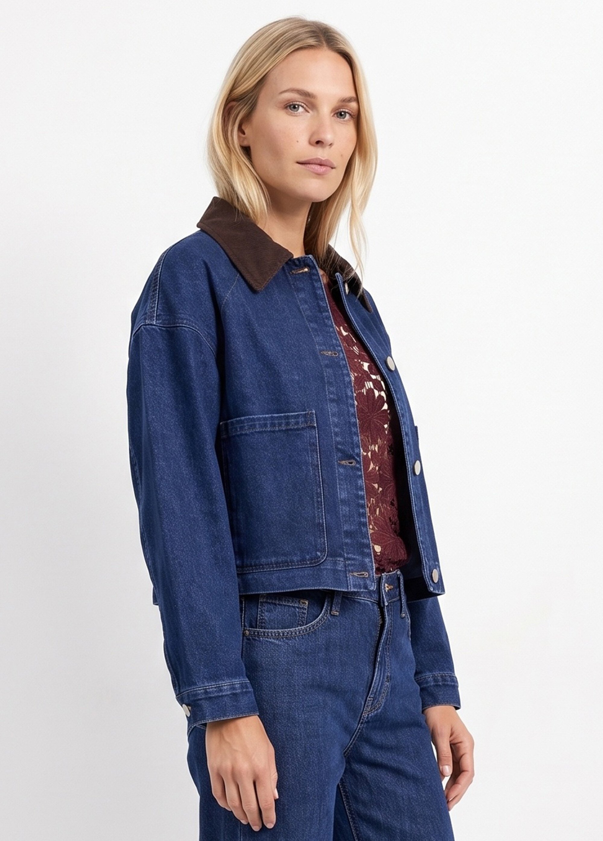 Veste en denim avec col en velours Femme Bleu IA-R7103 DR1