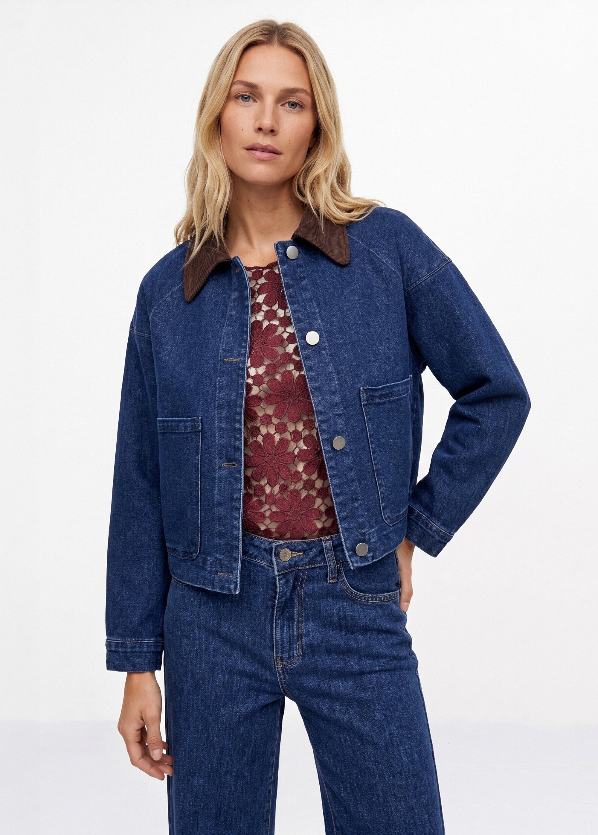 Veste en denim avec col en velours Femme Bleu IA-R7103 FA1
