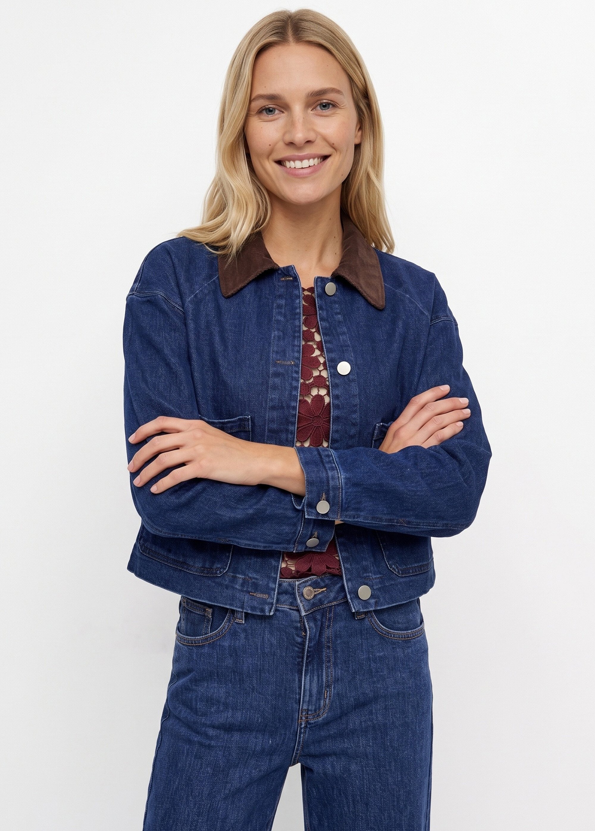 Veste en denim avec col en velours Femme Bleu IA-R7103 MV1