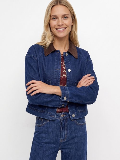 Veste en denim avec col en velours Femme Bleu IA-R7103 MV1