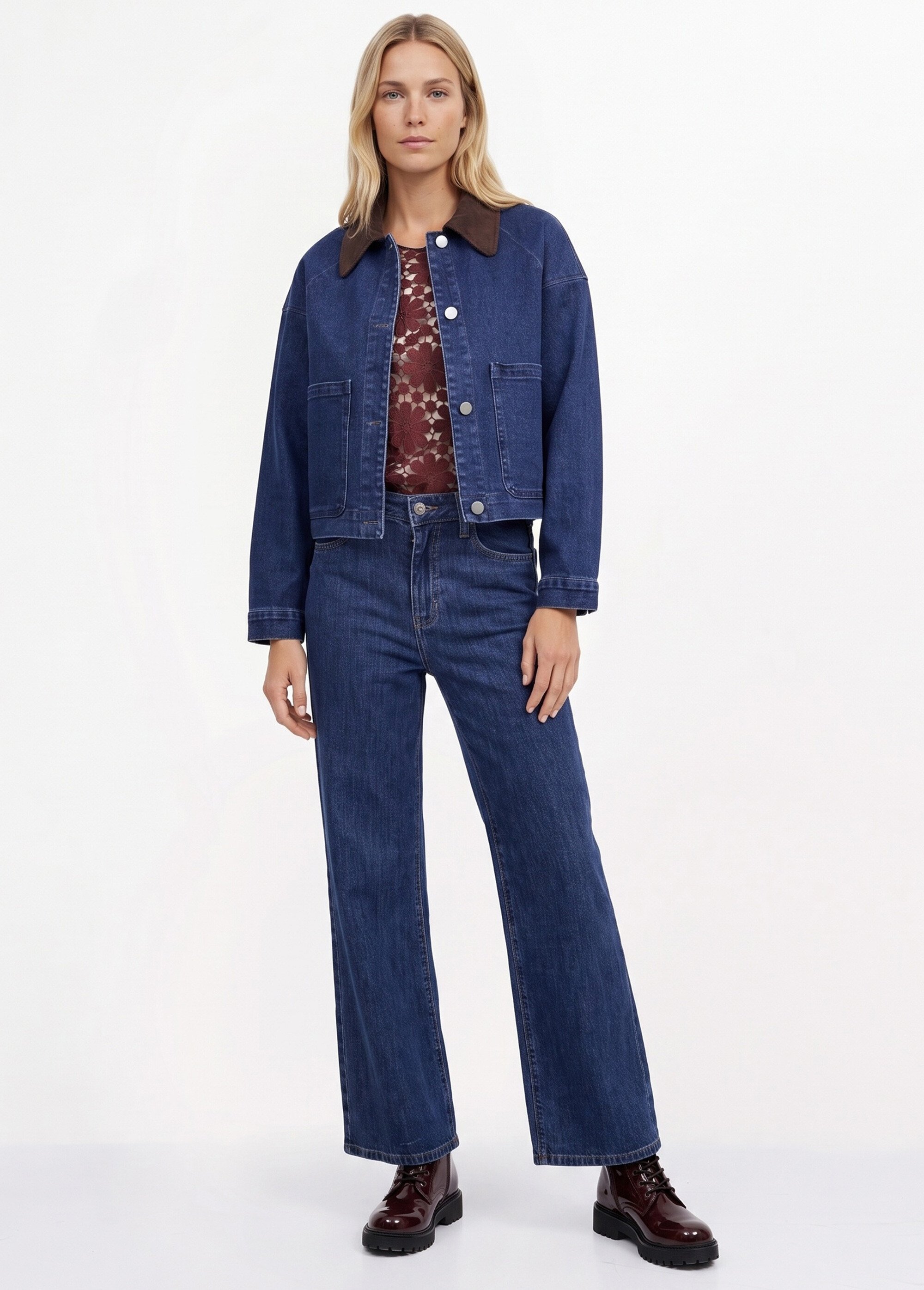 Veste en denim avec col en velours Femme Bleu IA-R7103 SI1
