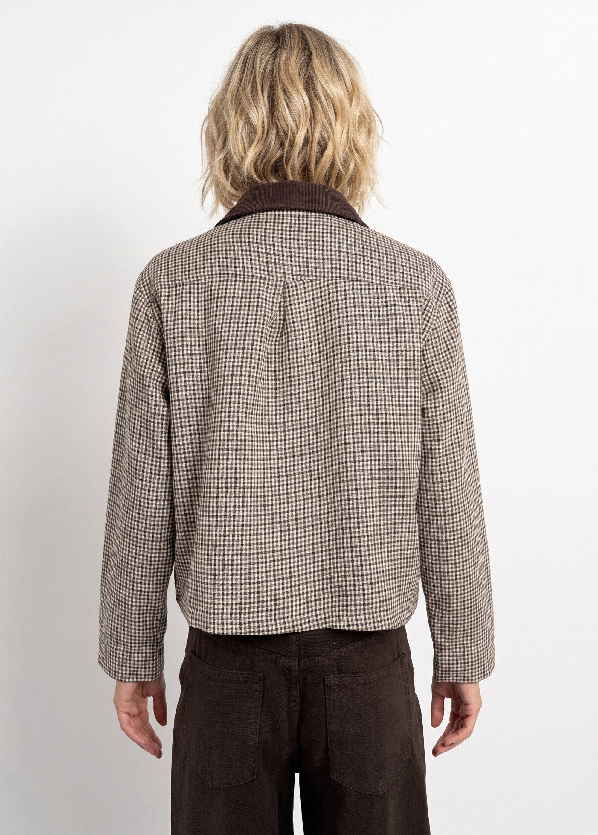Veste zippée à carreaux et col velours Femme Marron IA-R6127 DO1