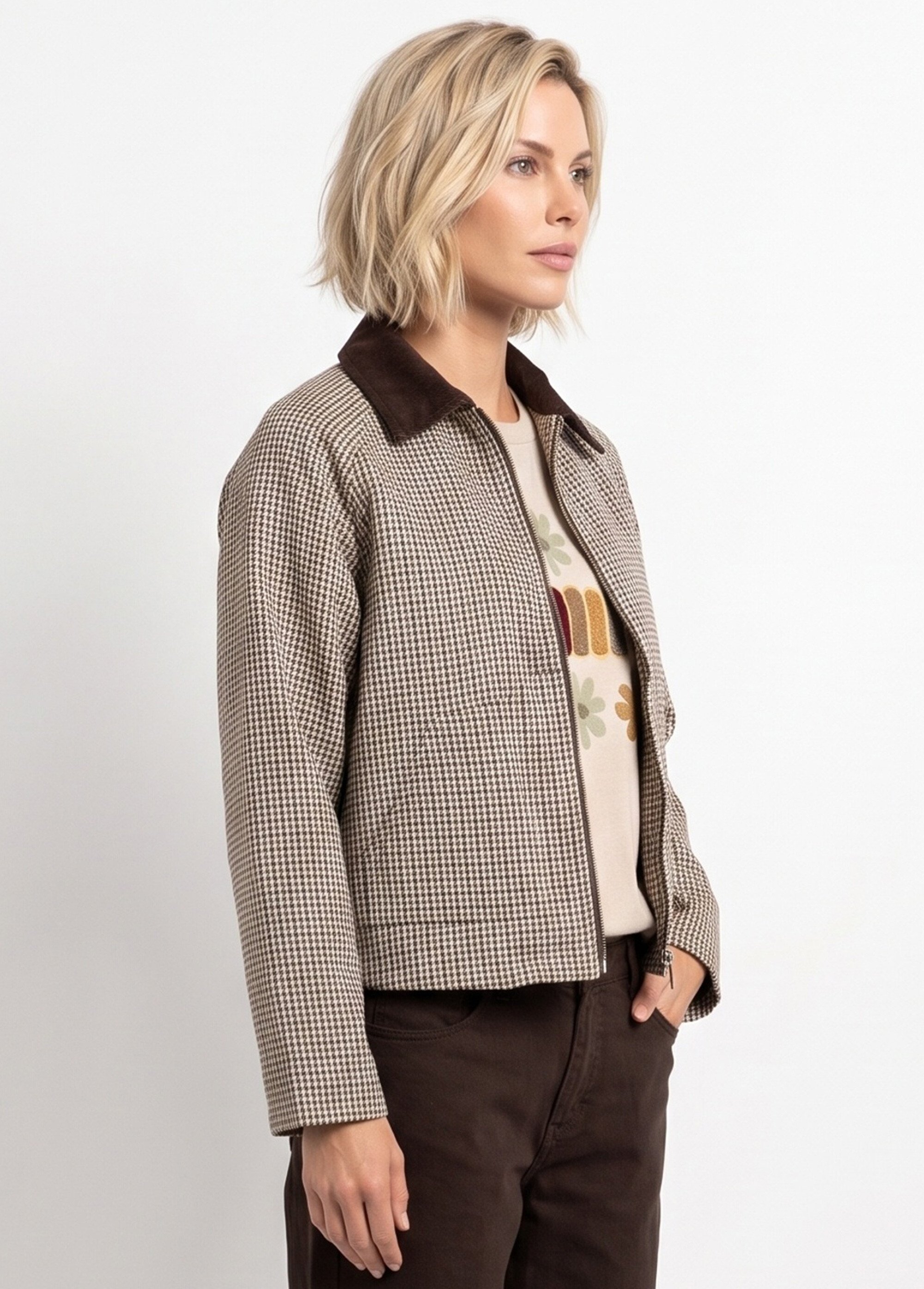 Veste zippée à carreaux et col velours Femme Marron IA-R6127 DR1