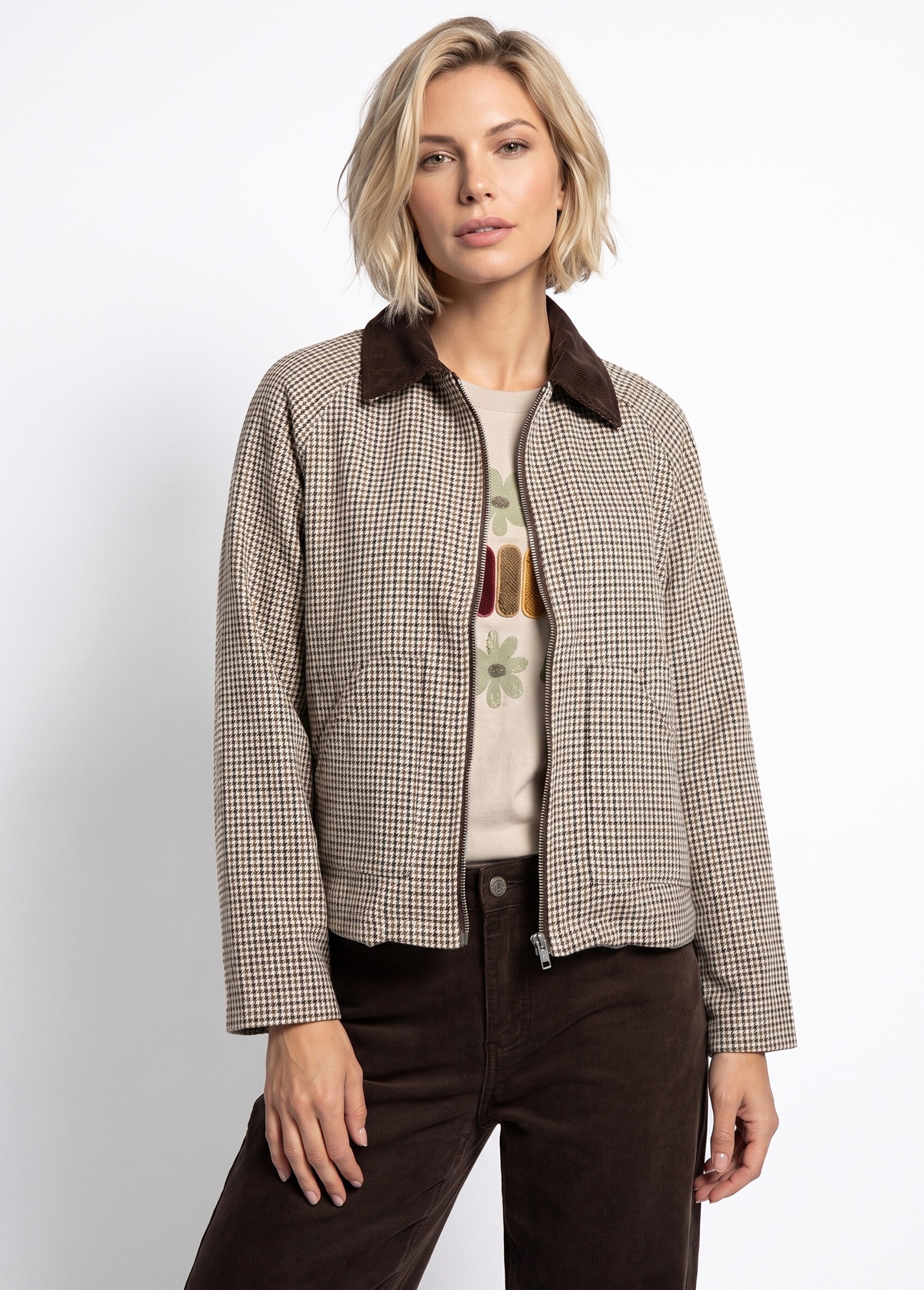 Veste zippée à carreaux et col velours Femme Marron IA-R6127 FA1