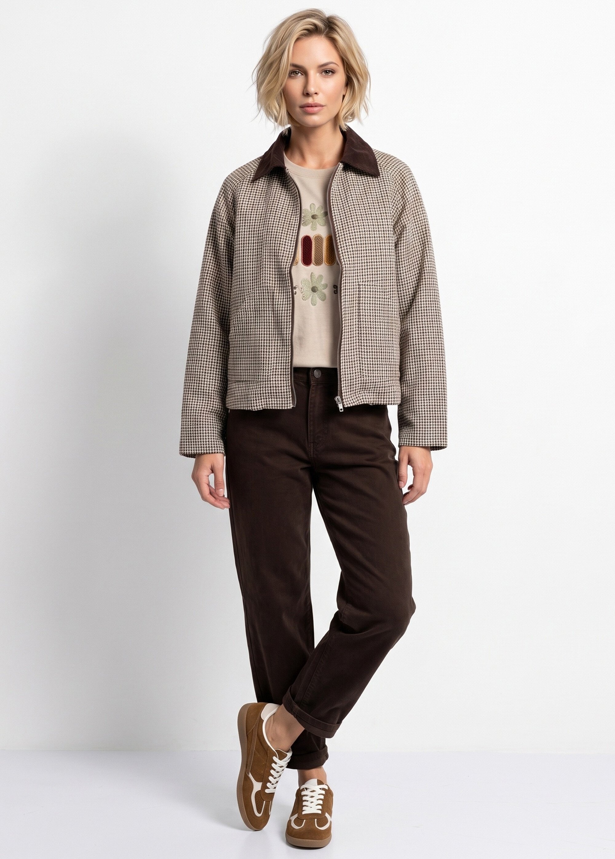 Veste zippée à carreaux et col velours Femme Marron IA-R6127 SI1