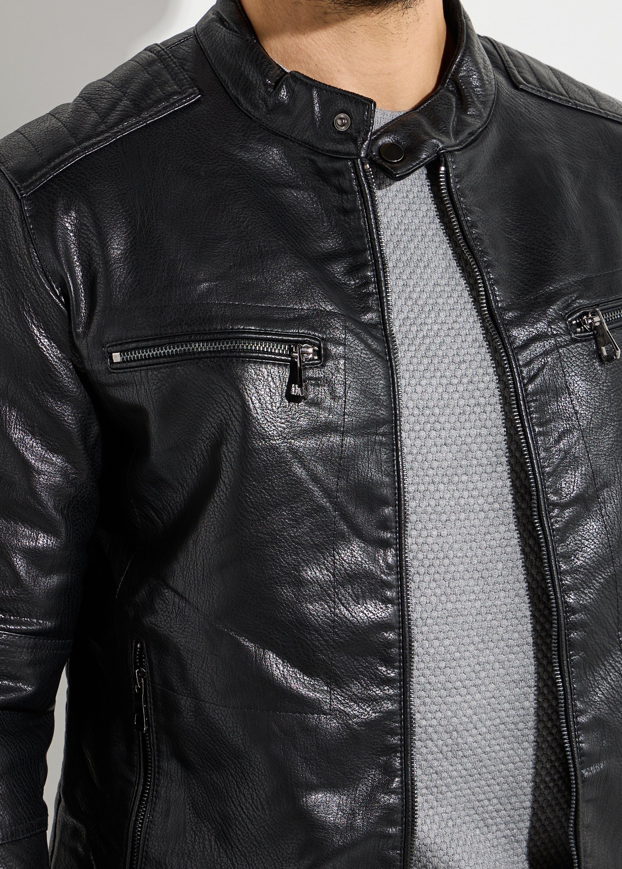 Veste zippée simili cuir style motard Homme Noir KYM5147 DE1
