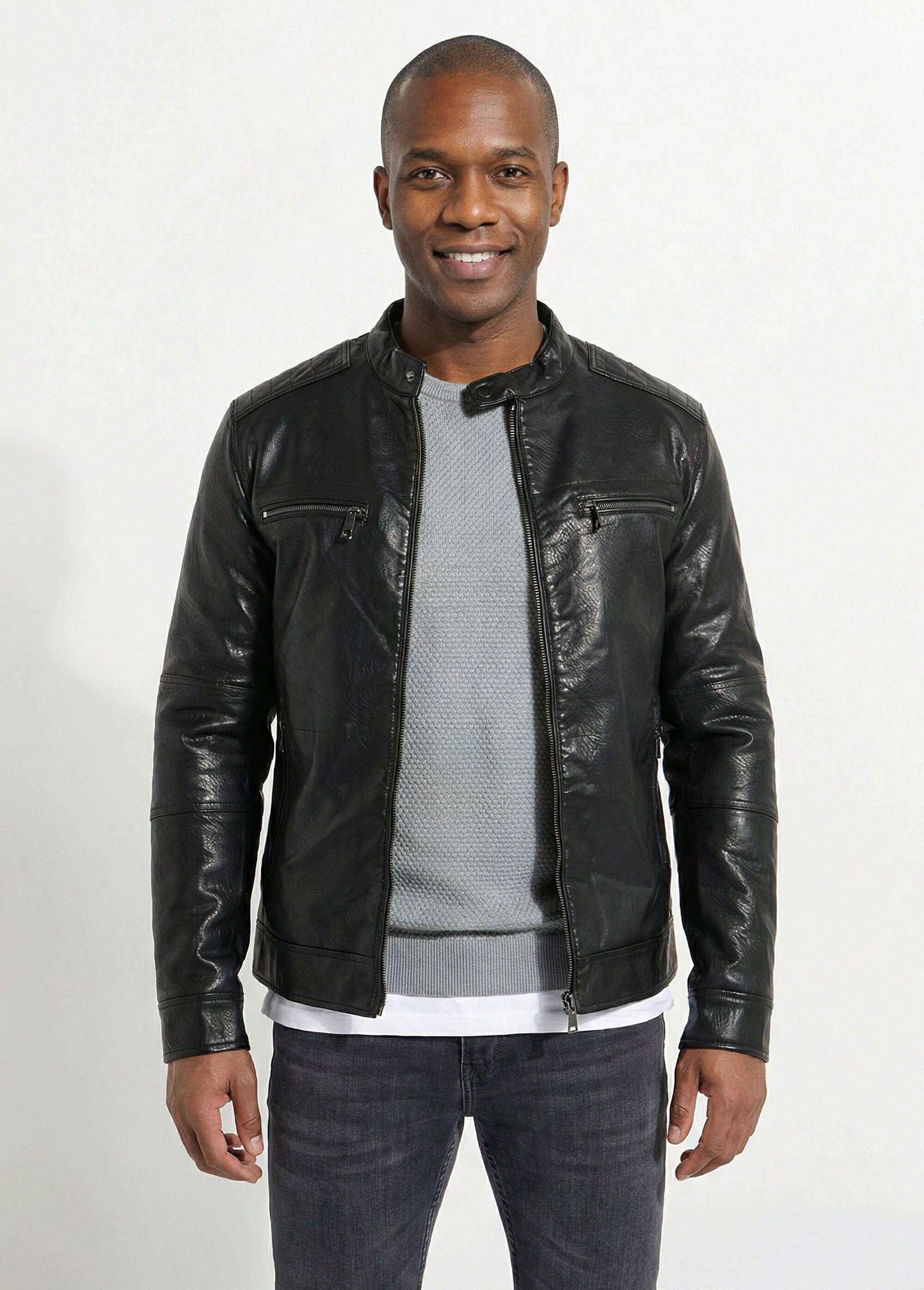 Veste zippée simili cuir style motard Homme Noir KYM5147 FA1