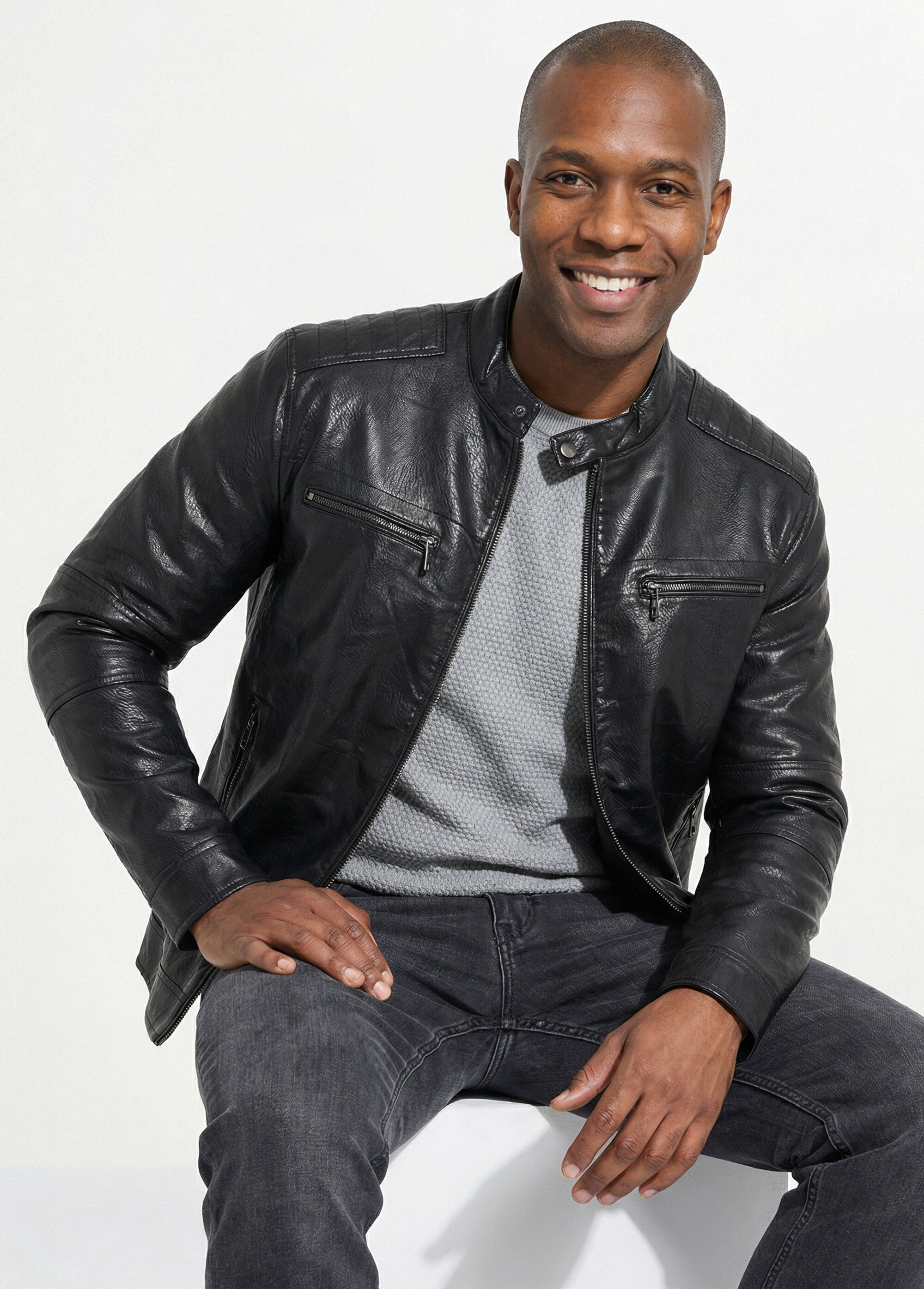 Veste zippée simili cuir style motard Homme Noir KYM5147 MV1