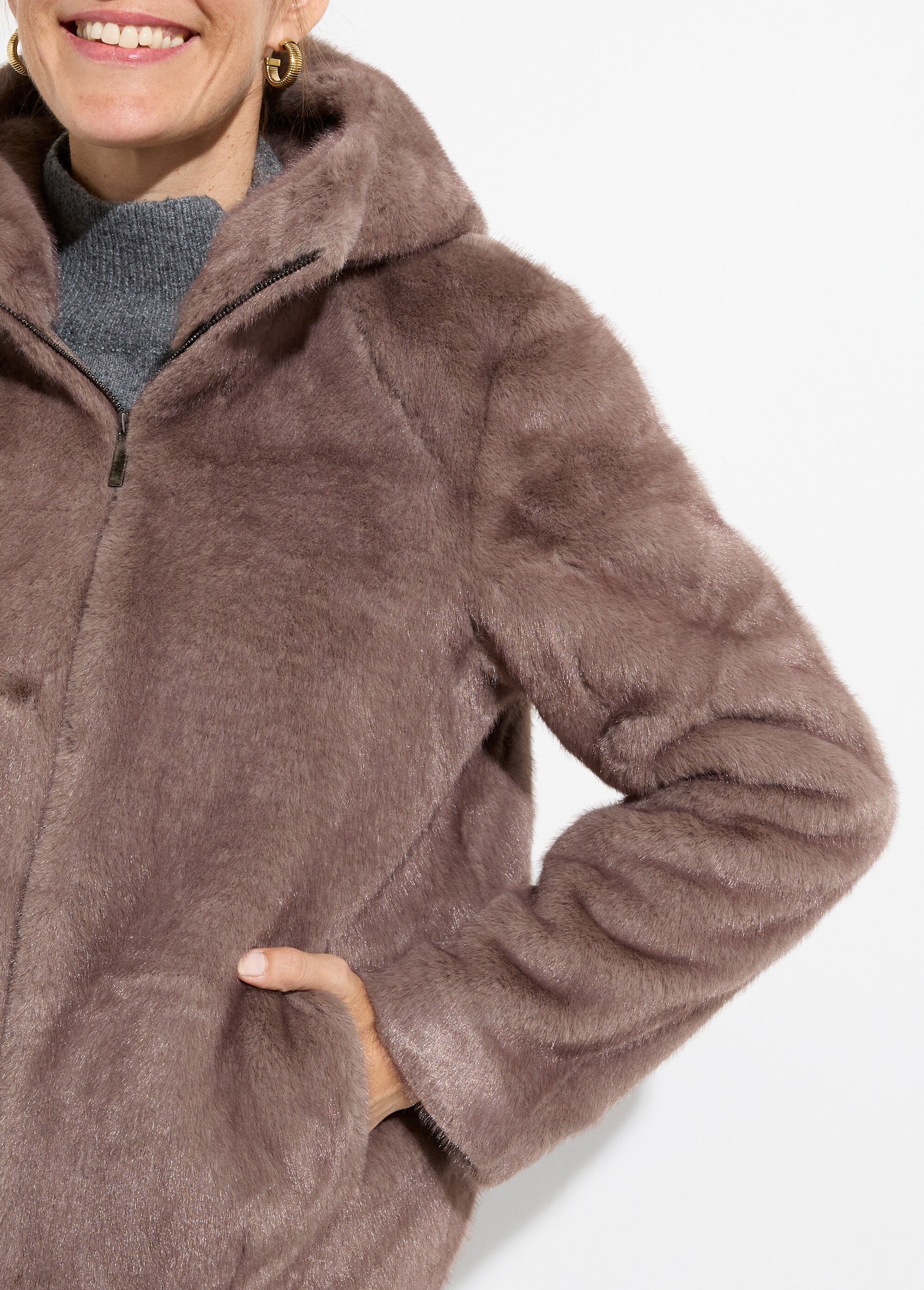 Blouson court en fourrure avec capuche Femme Marron LJ-6091 DE1