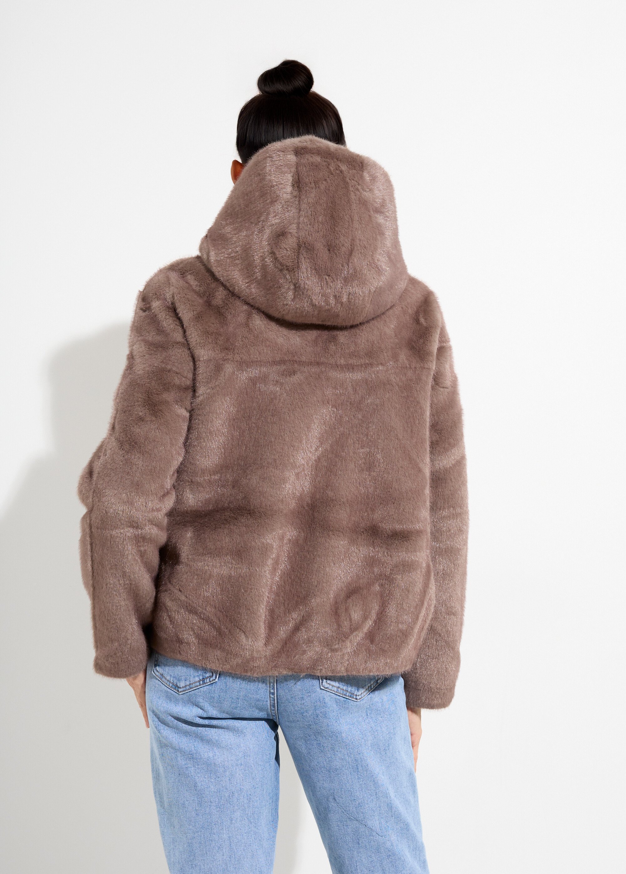 Blouson court en fourrure avec capuche Femme Marron LJ-6091 DO1
