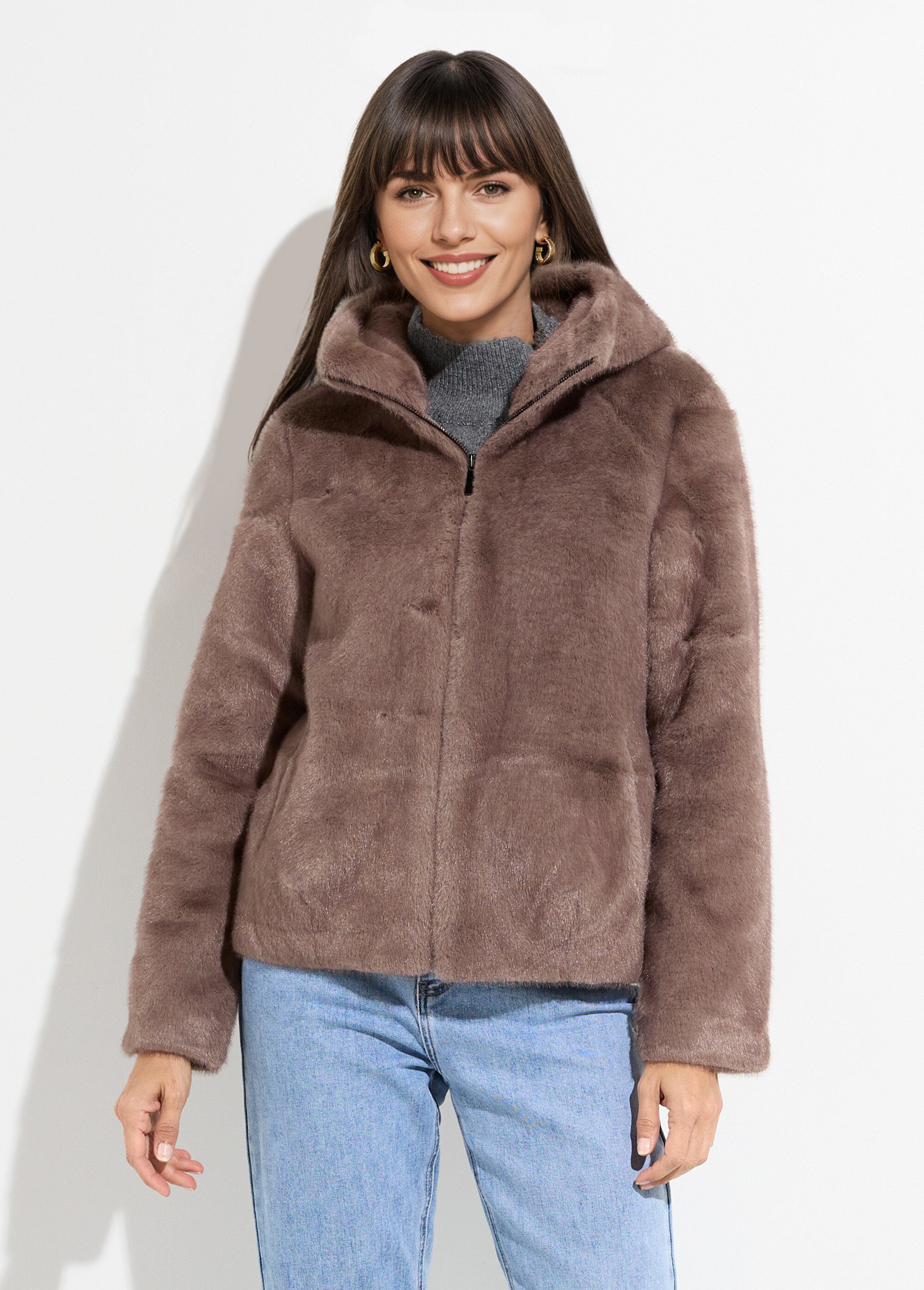 Blouson court en fourrure avec capuche Femme Marron LJ-6091 FA1