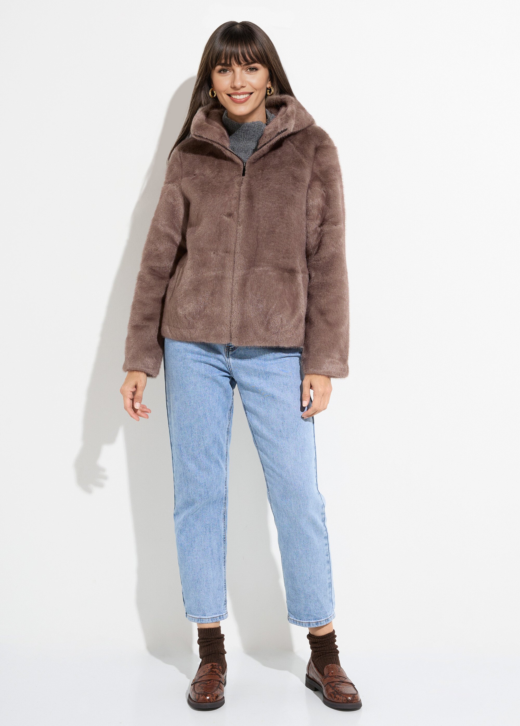 Blouson court en fourrure avec capuche Femme Marron LJ-6091 SF1