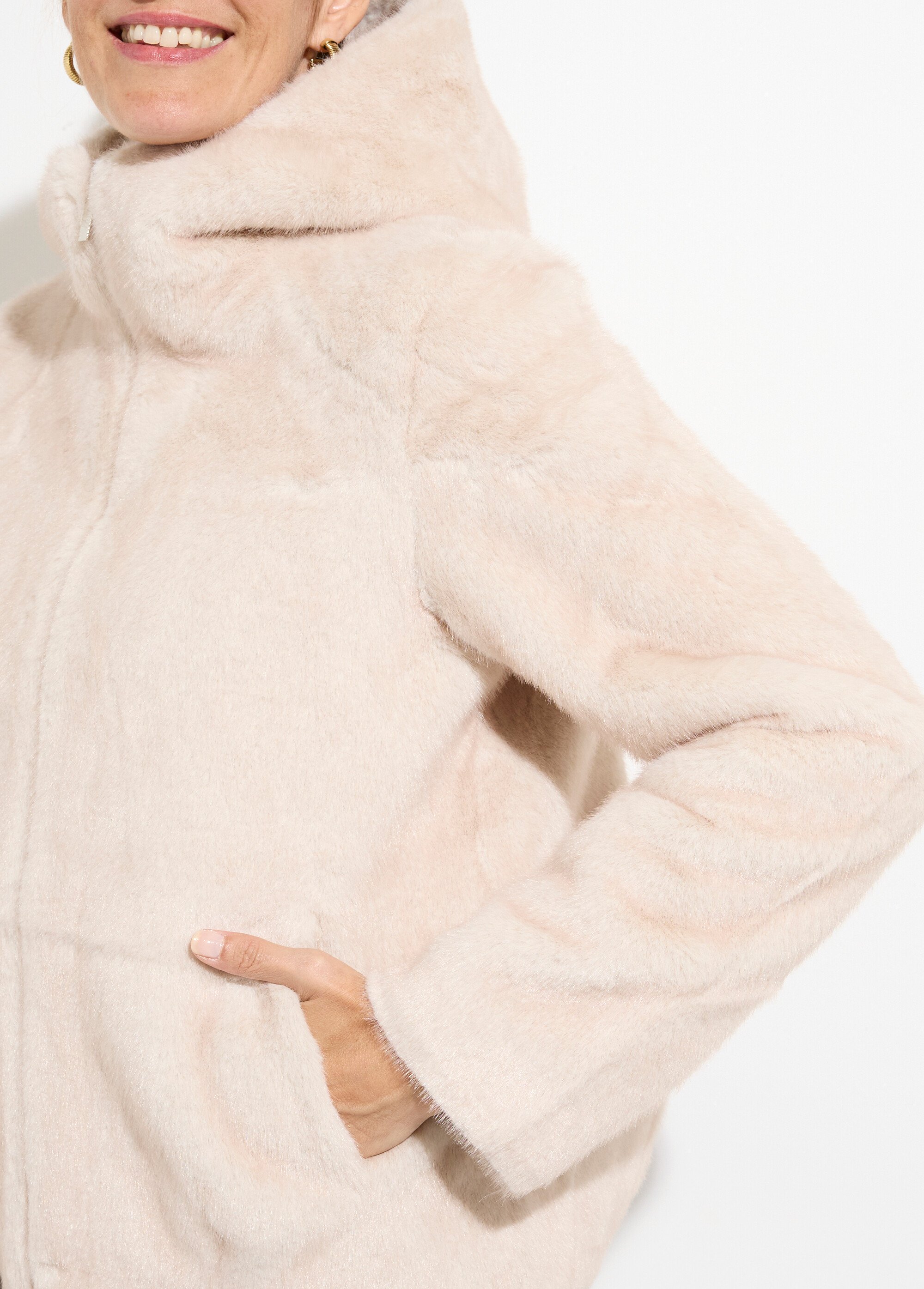 Blouson court en fourrure avec capuche Femme Beige LJ-6091 DE1