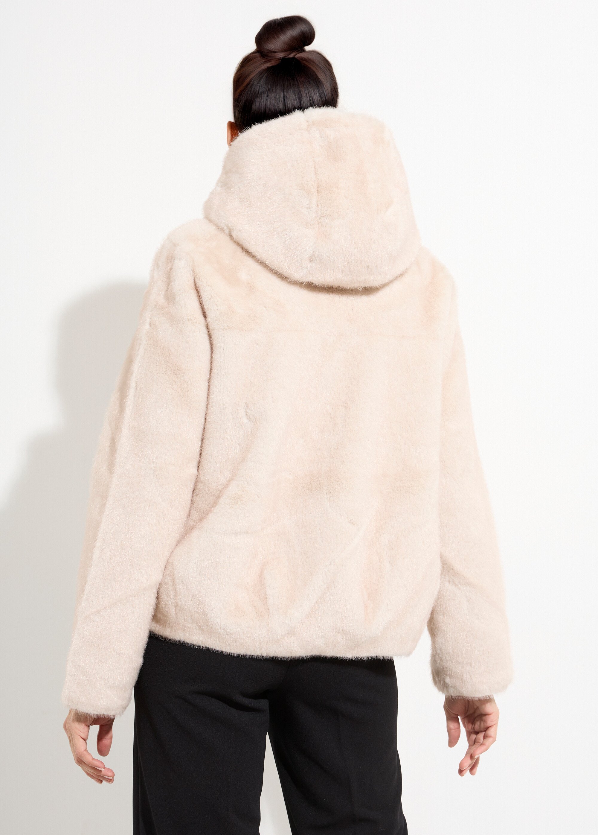 Blouson court en fourrure avec capuche Femme Beige LJ-6091 DO1