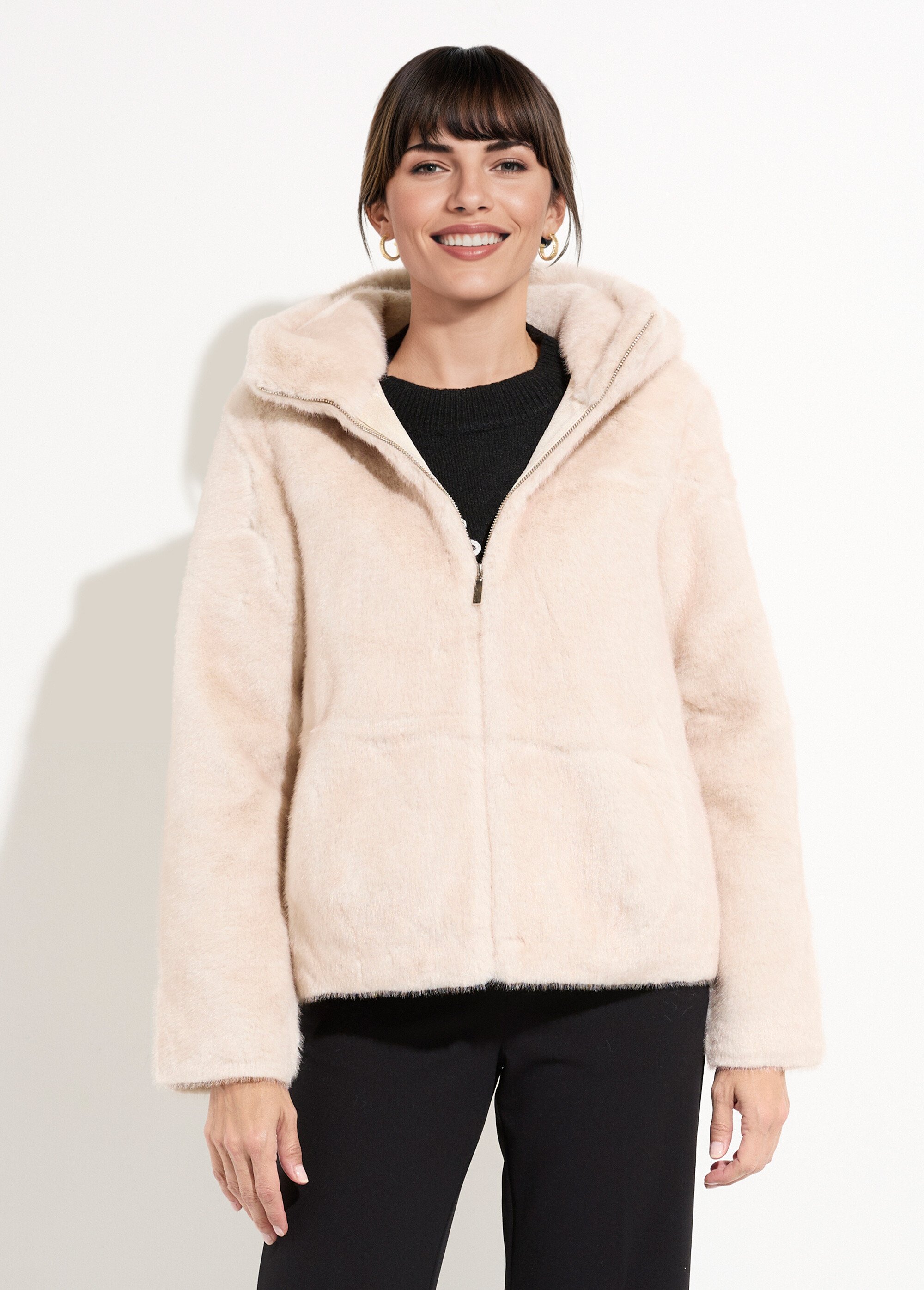 Blouson court en fourrure avec capuche Femme Beige LJ-6091 FA1
