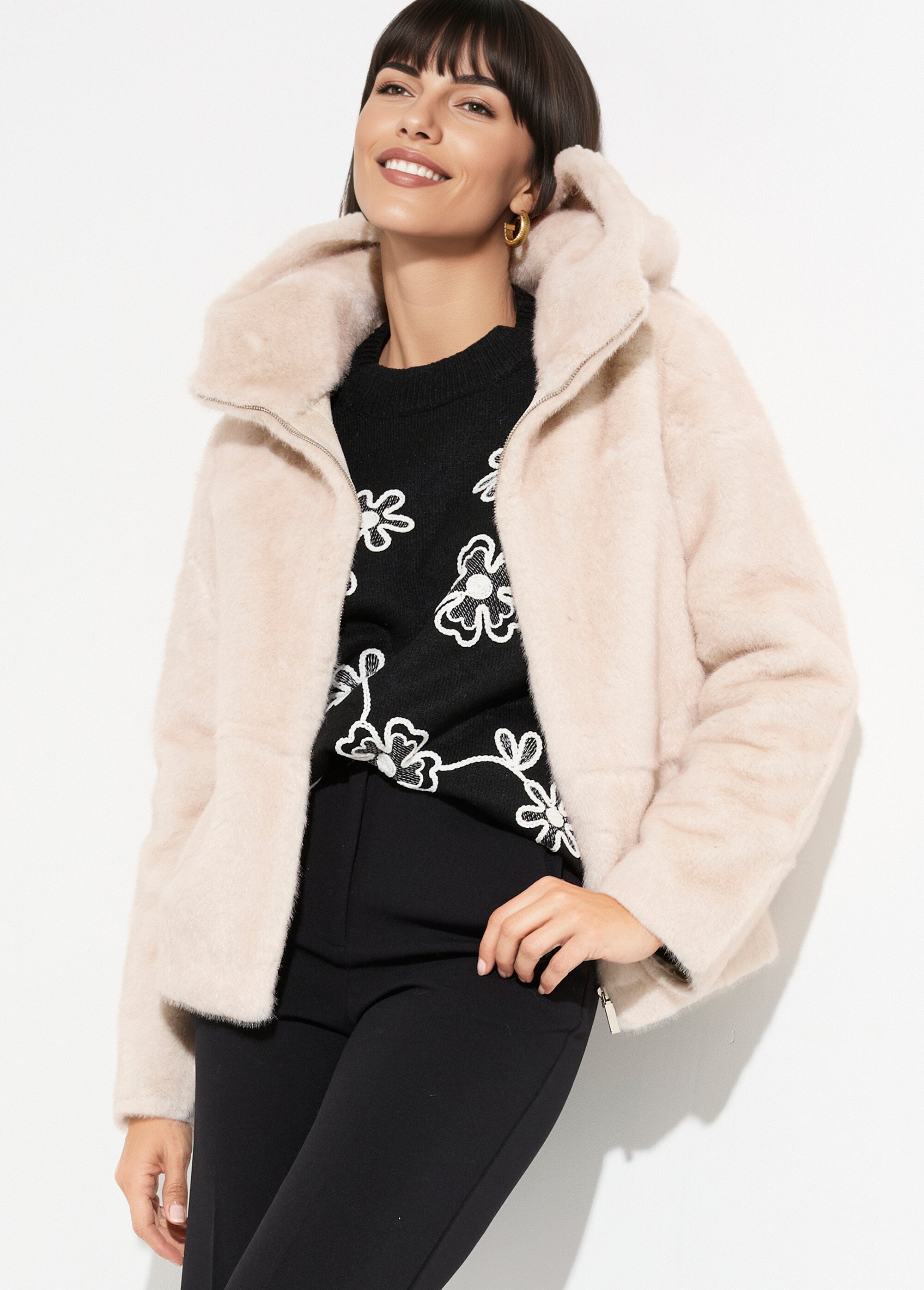 Blouson court en fourrure avec capuche Femme Beige LJ-6091 MV1