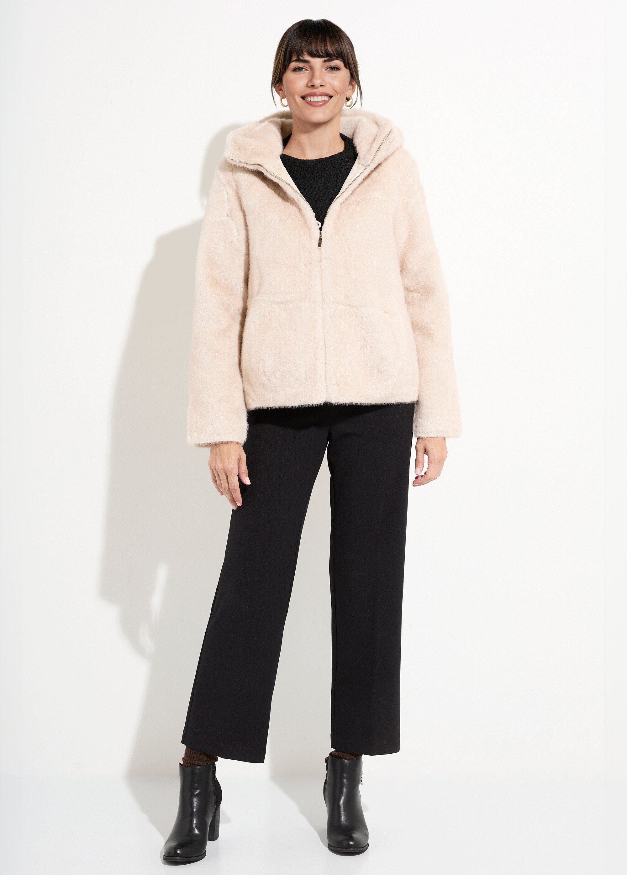 Blouson court en fourrure avec capuche Femme Beige LJ-6091 SF1
