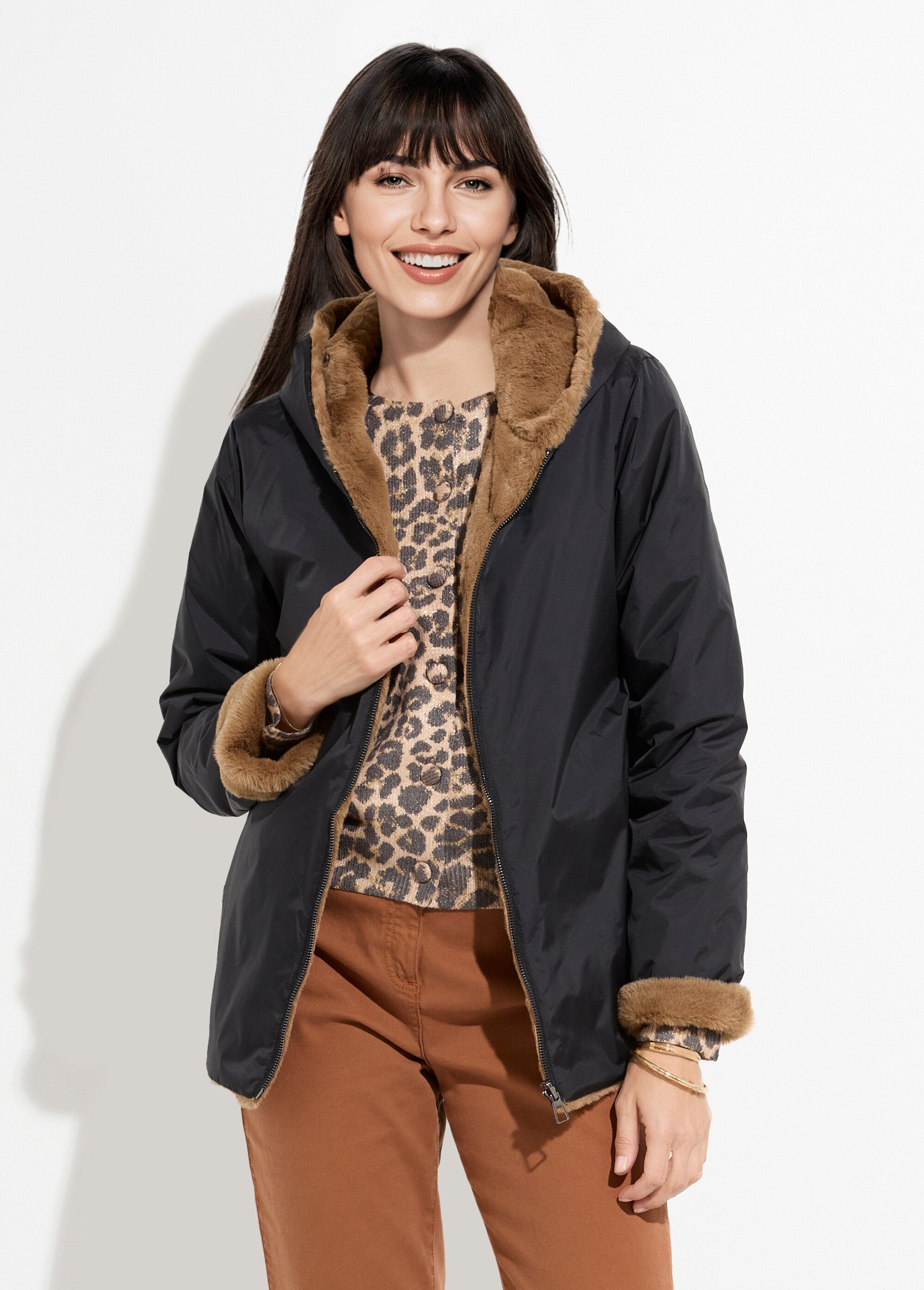 Blouson réversible déperlant et fourrure Femme Noir LJ-20062 FA1