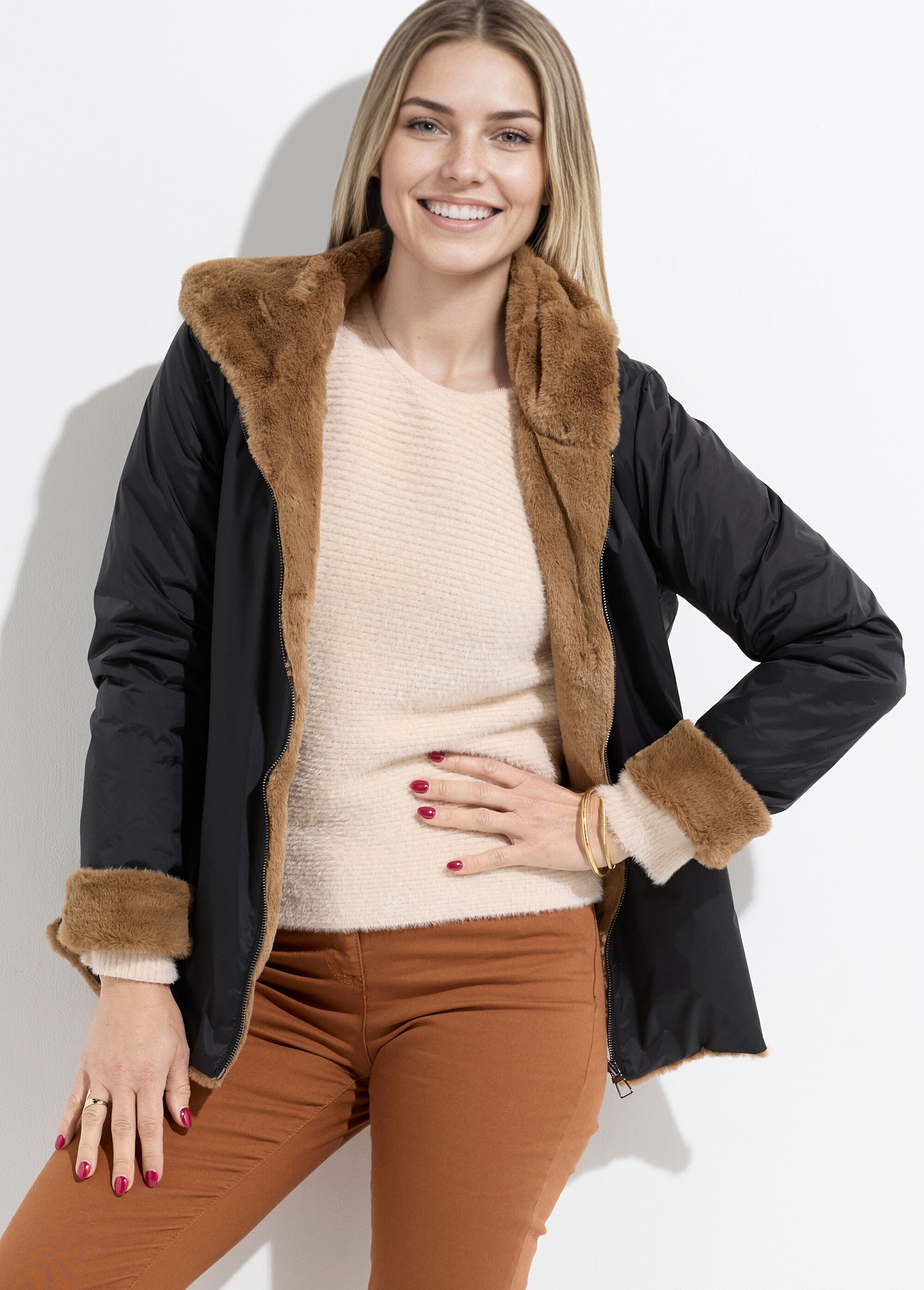 Blouson réversible déperlant et fourrure Femme Noir LJ-20062 MV1