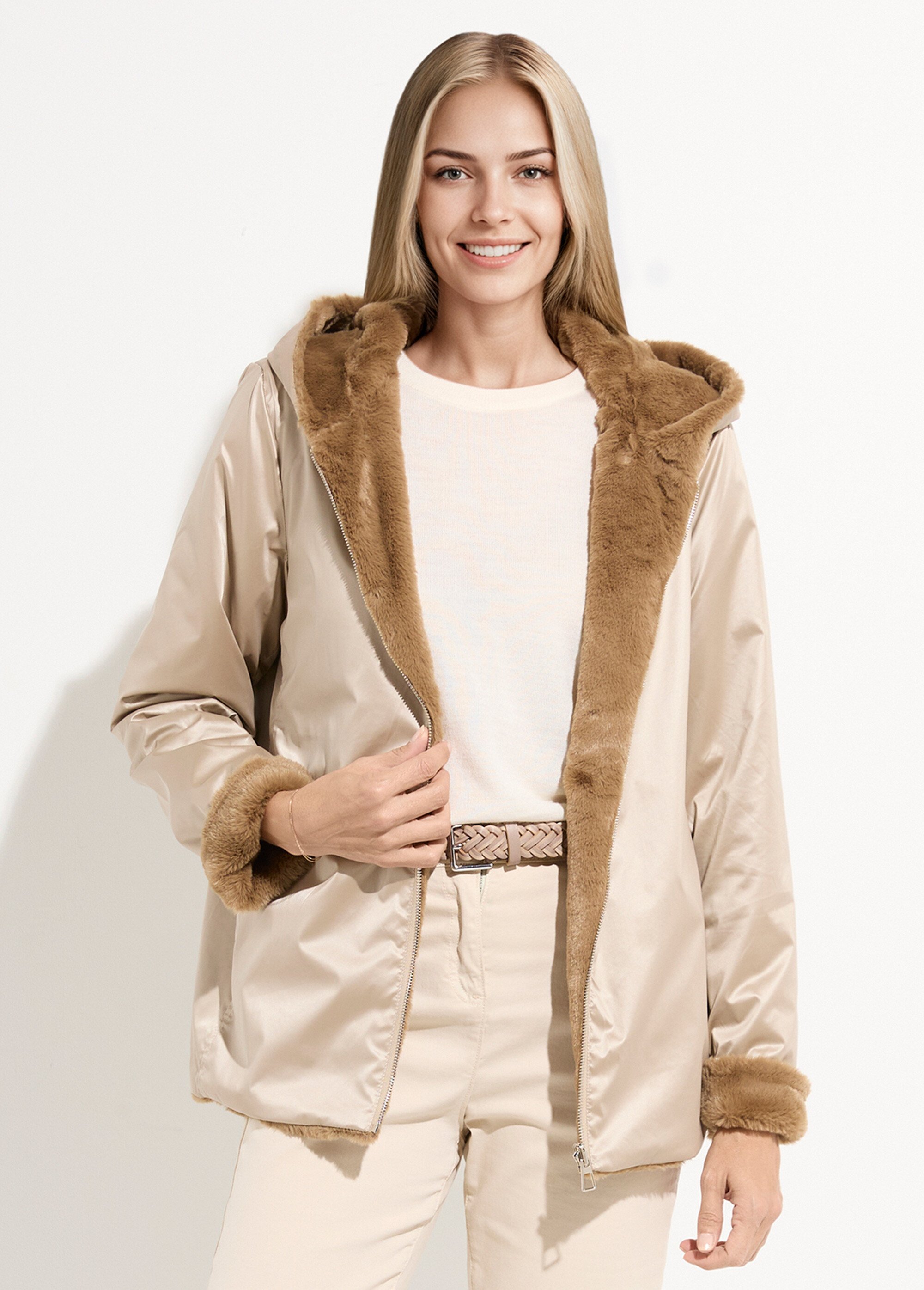 Blouson réversible déperlant et fourrure Femme Beige LJ-20062 FA1