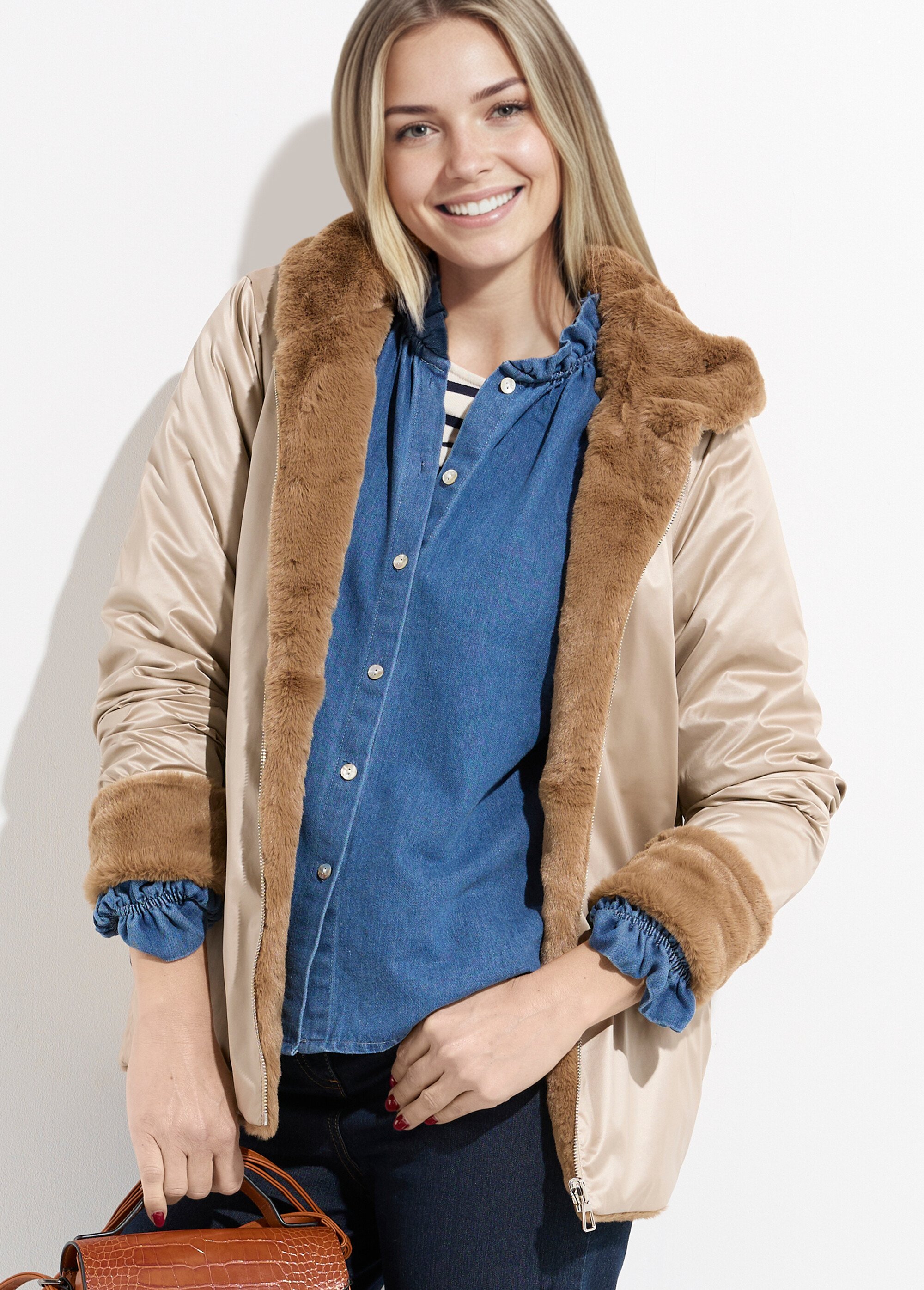 Blouson réversible déperlant et fourrure Femme Beige LJ-20062 MV1