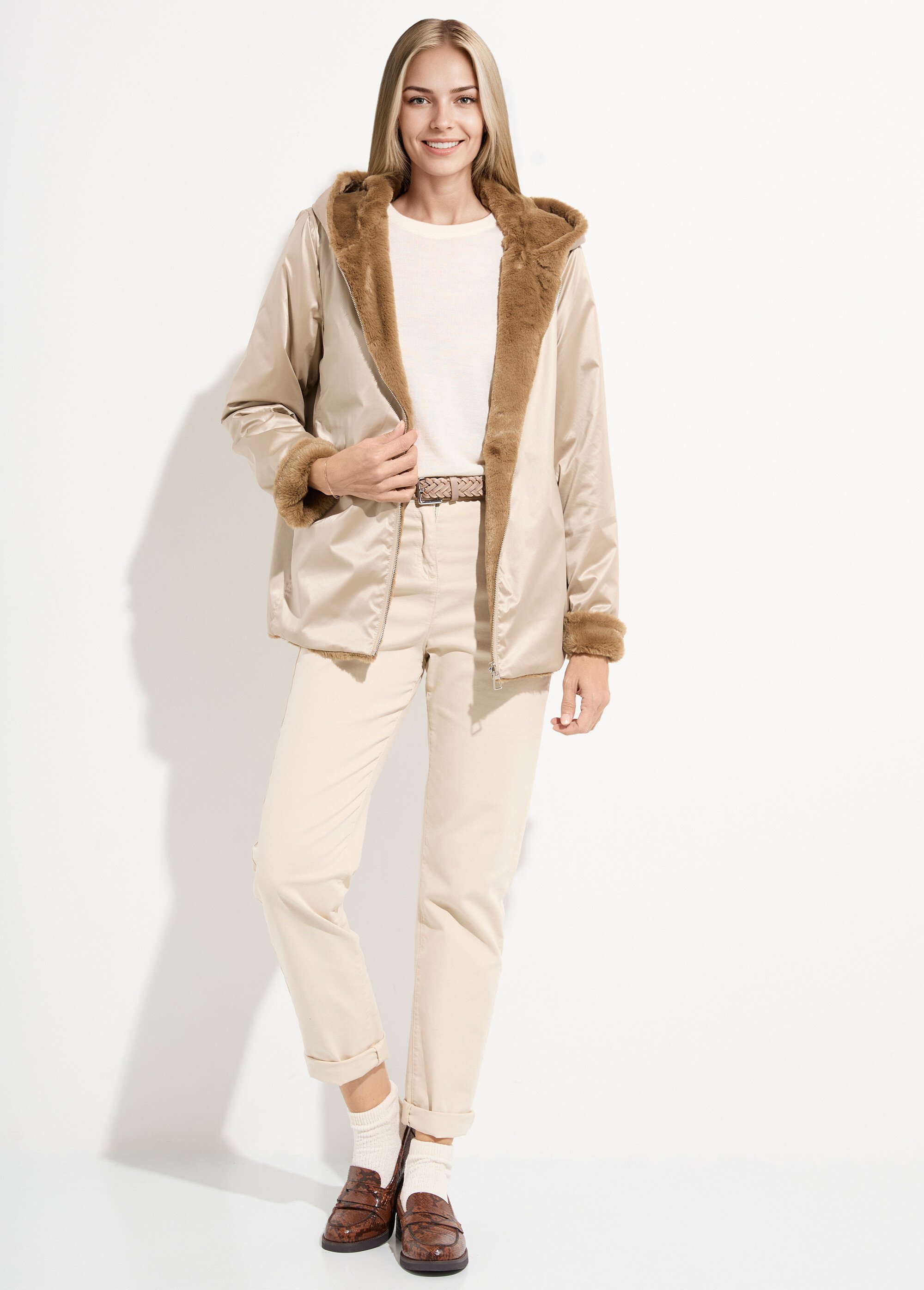 Blouson réversible déperlant et fourrure Femme Beige LJ-20062 SF1