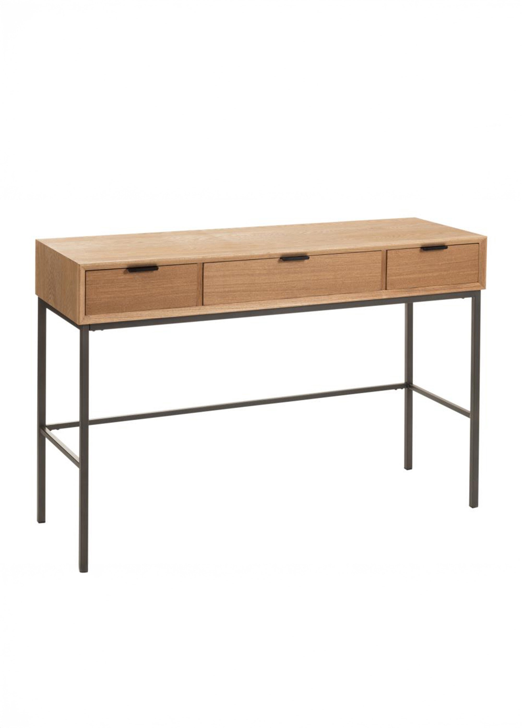 Console 3 tiroirs, bois clair et métal