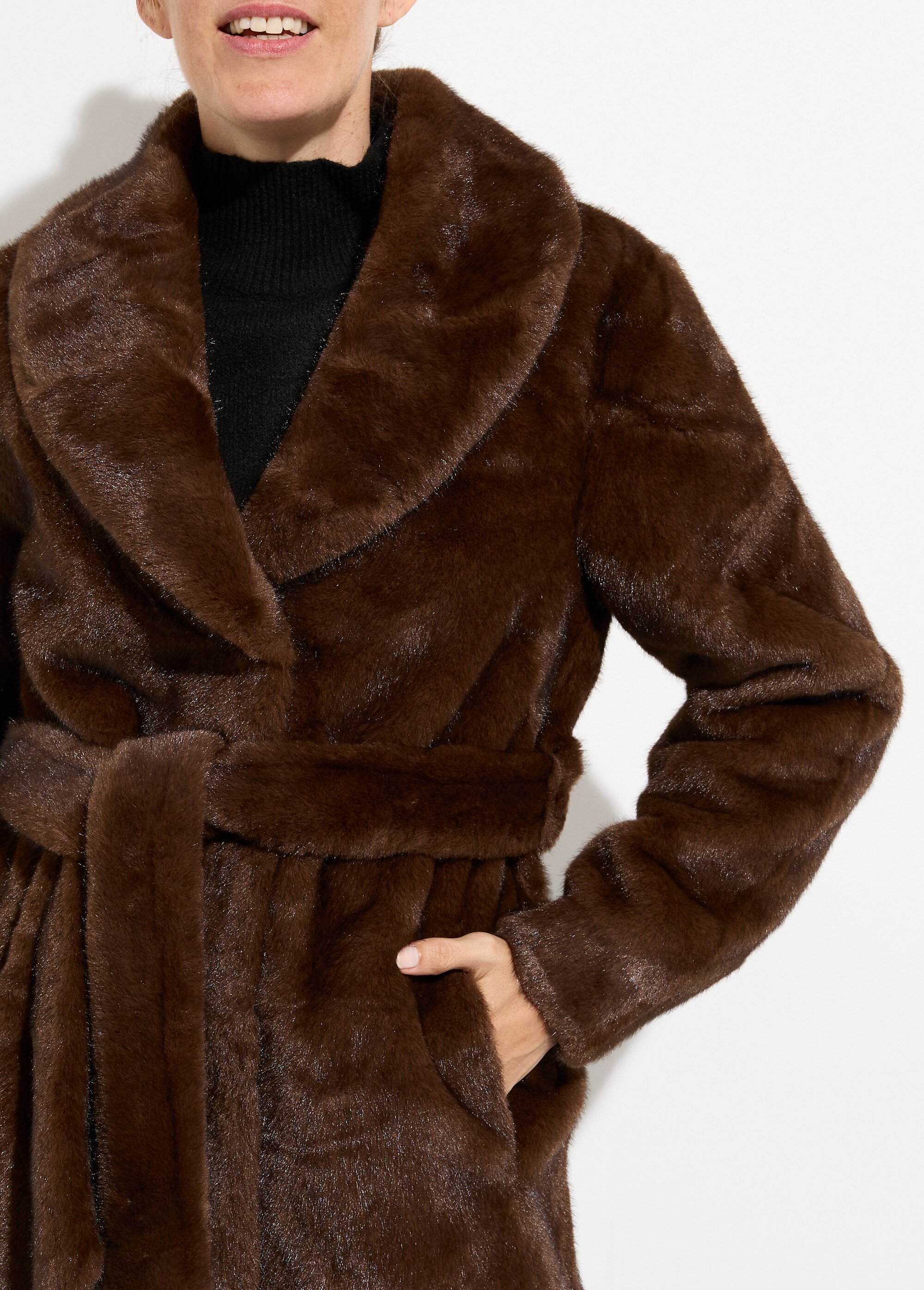 Manteau en fausse fourrure, col tailleur Femme Marron LJ-6092 DE1