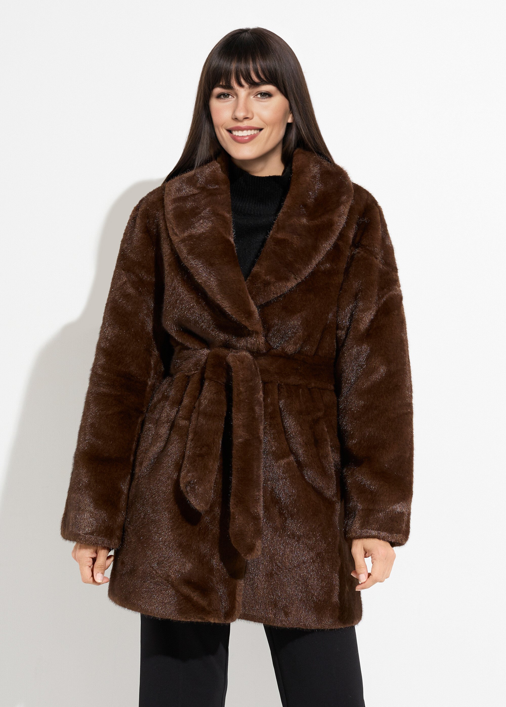 Manteau en fausse fourrure, col tailleur Femme Marron LJ-6092 FA1