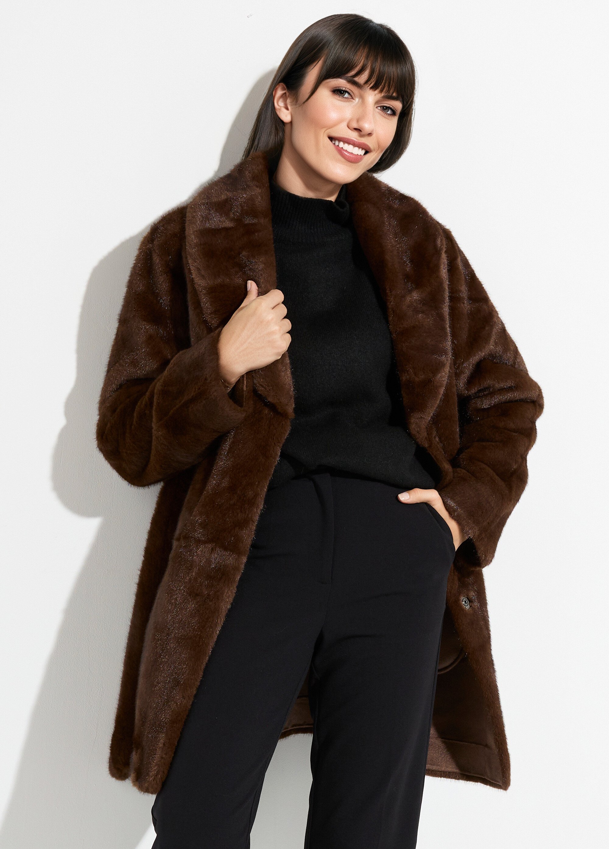 Manteau en fausse fourrure, col tailleur Femme Marron LJ-6092 MV1