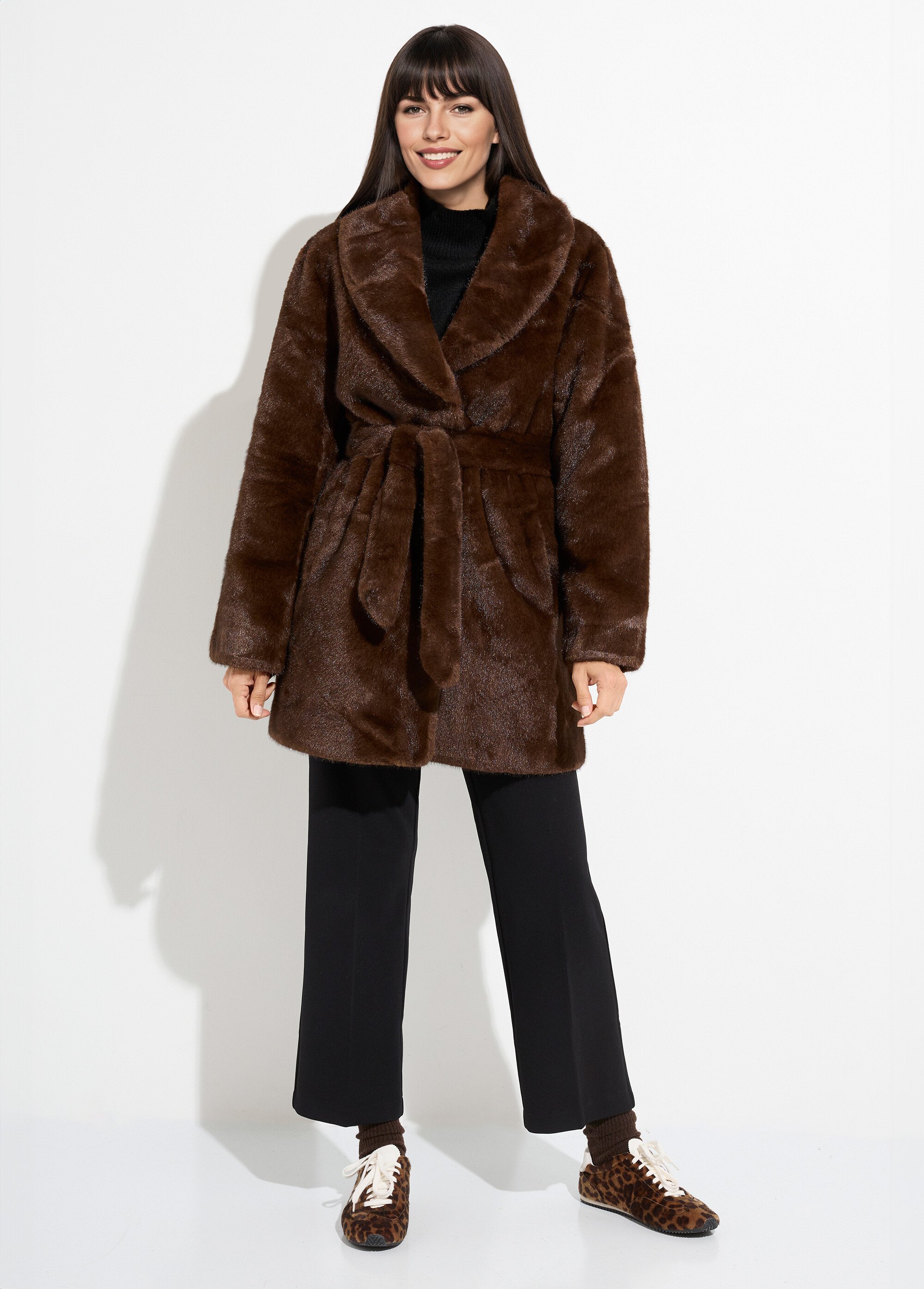 Manteau en fausse fourrure, col tailleur Femme Marron LJ-6092 SF1