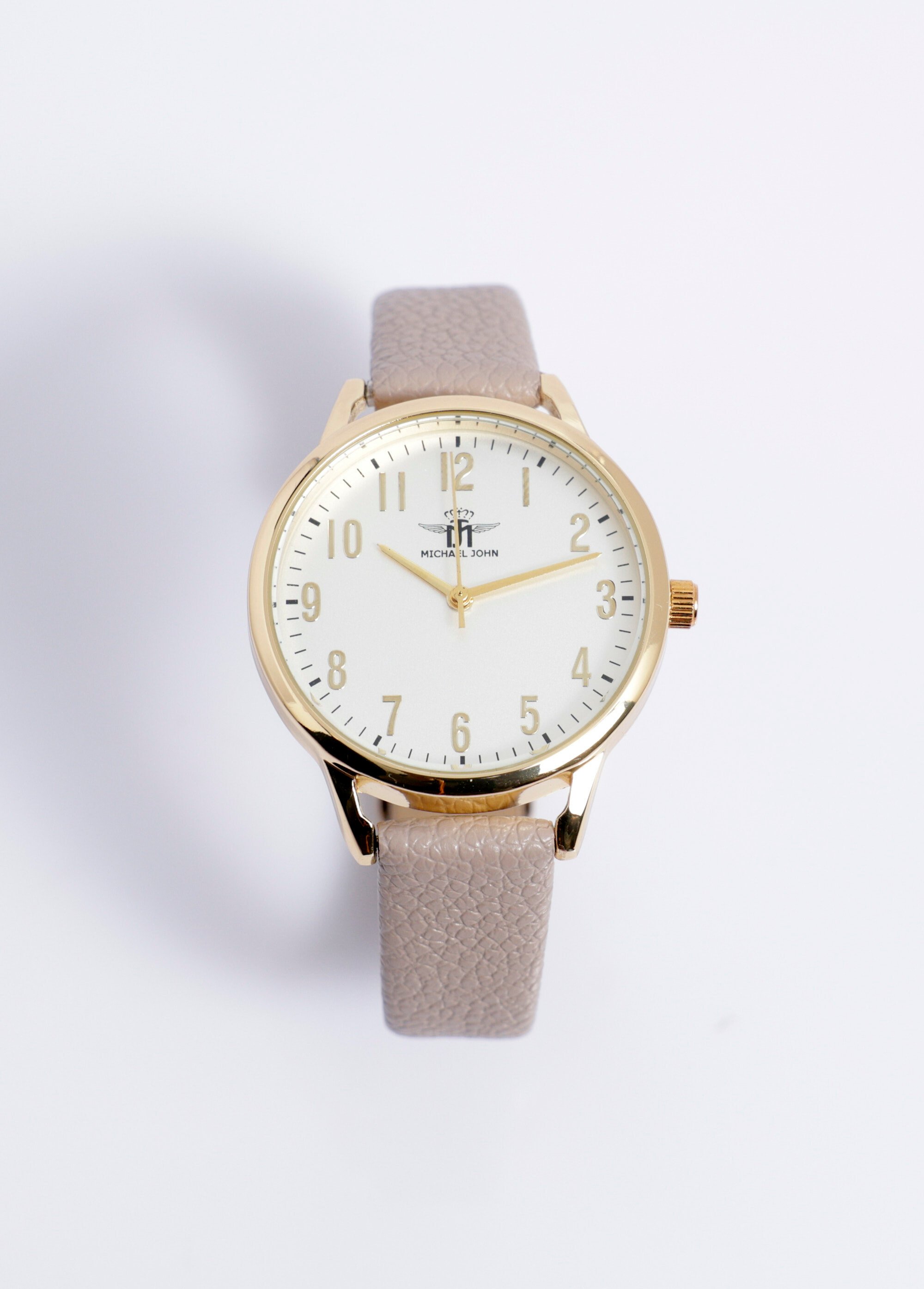 Montre ronde métal bracelet simili cuir Beige FASOND-3669 FA1