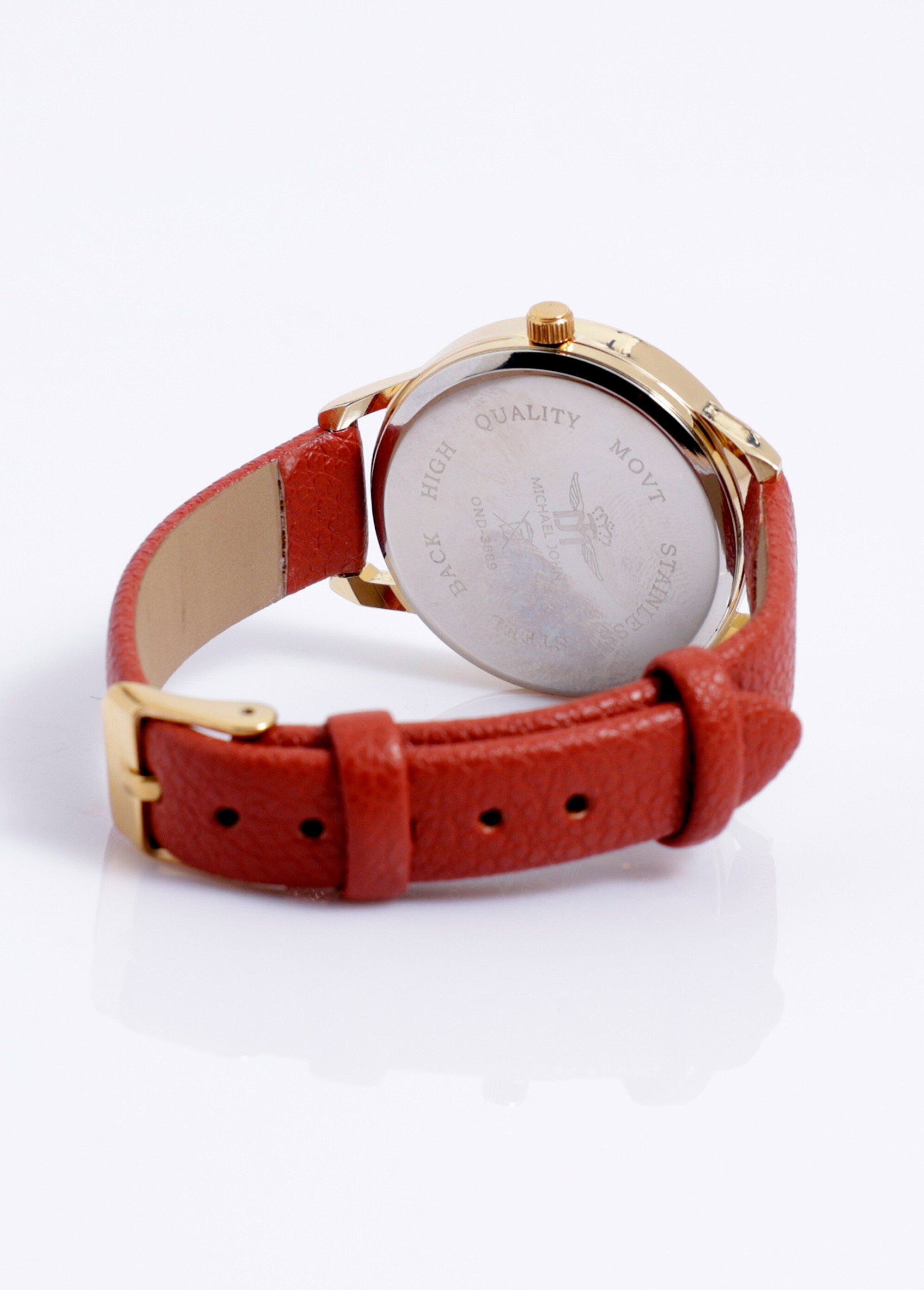 Montre ronde métal bracelet simili cuir Marron FASOND-3669 DO1