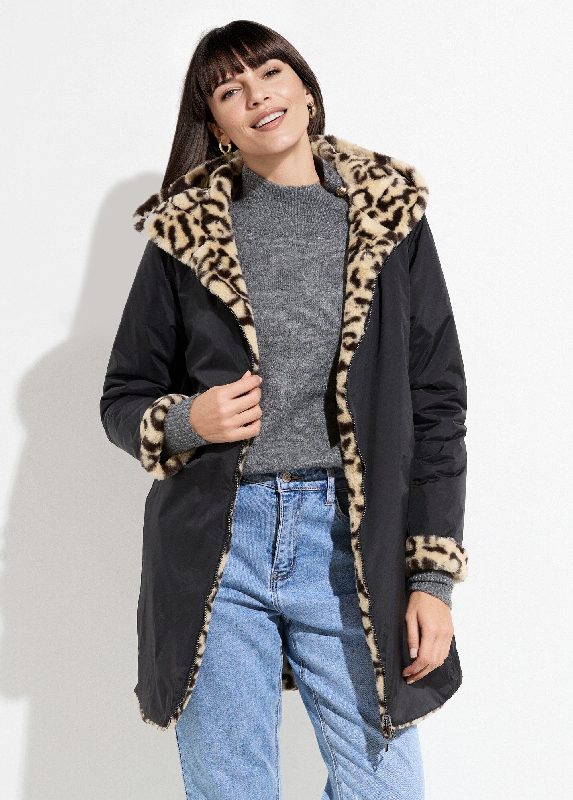 Parka réversible déperlant / léopard Femme Noir LJ-23019LEO FA1