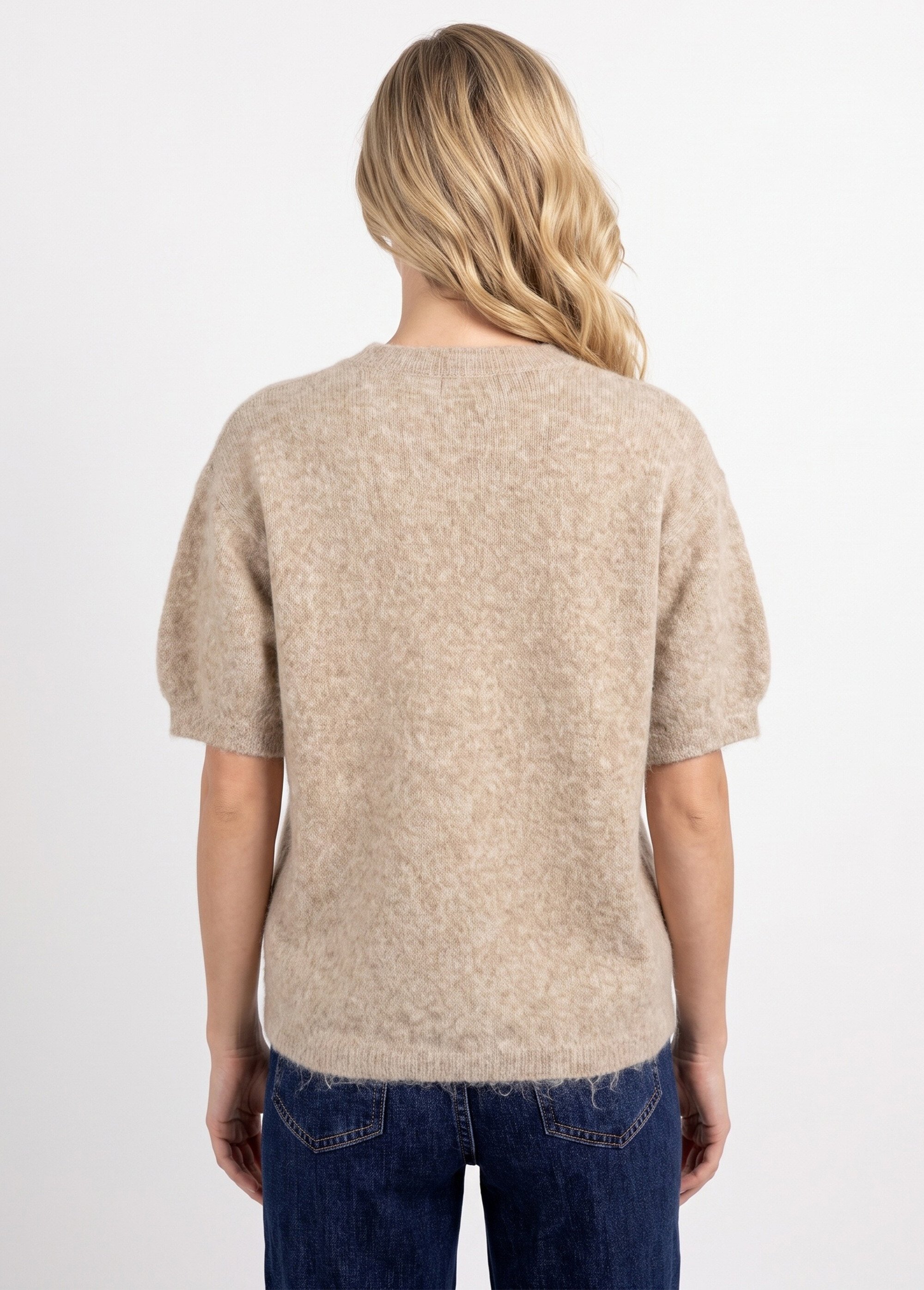 Pull manches courtes doux avec laine Femme Beige IA-PL194 DO1