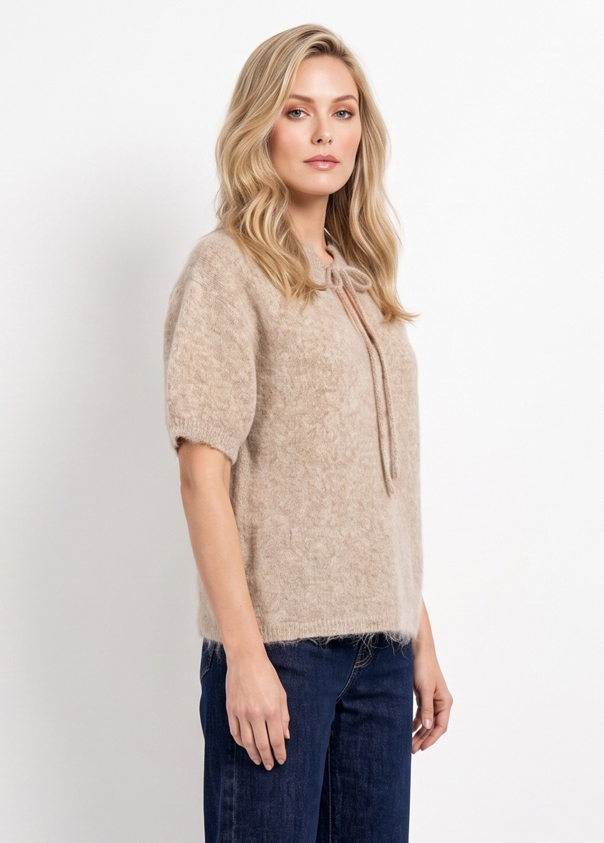 Pull manches courtes doux avec laine Femme Beige IA-PL194 DR1