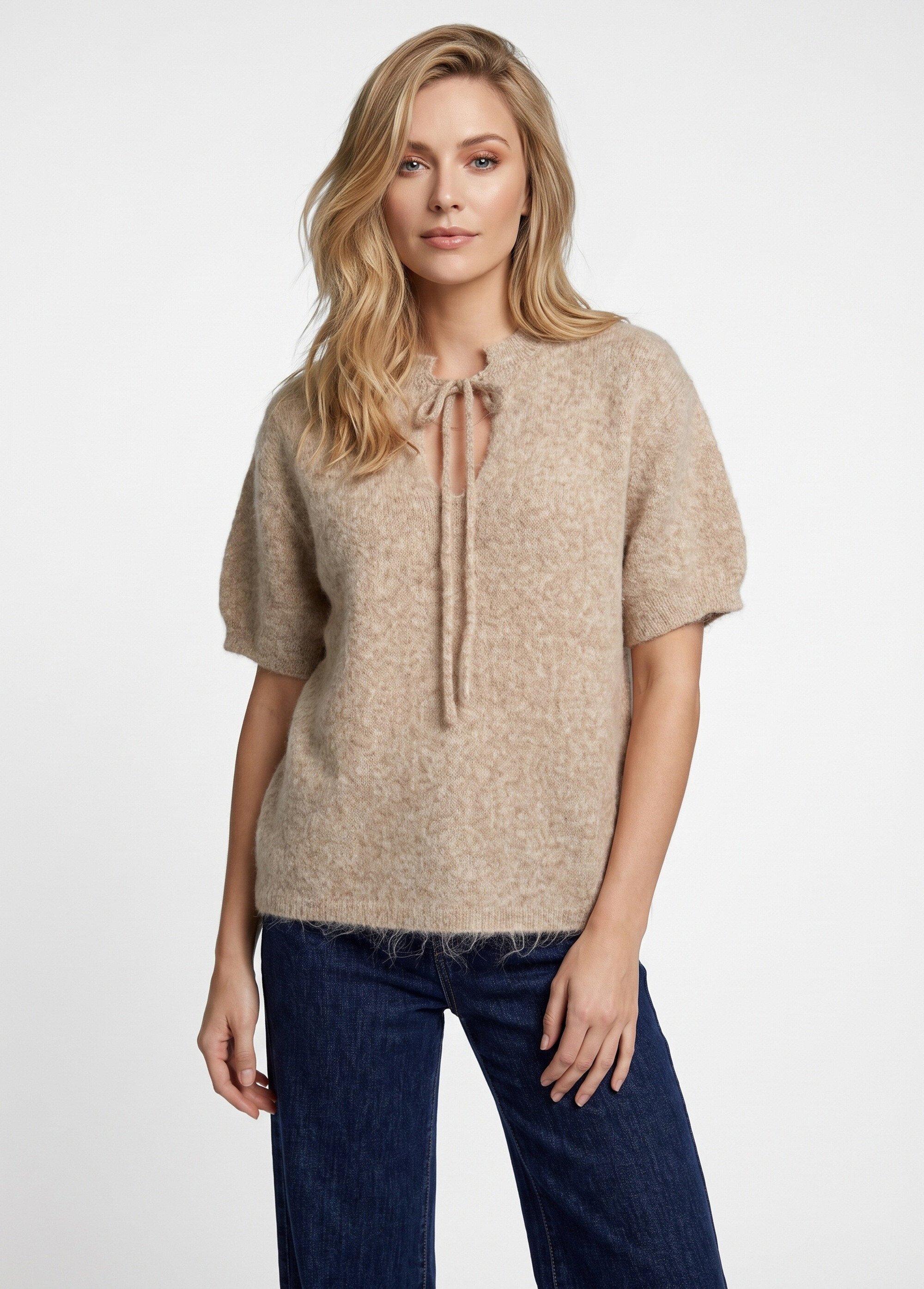 Pull manches courtes doux avec laine Femme Beige IA-PL194 FA1