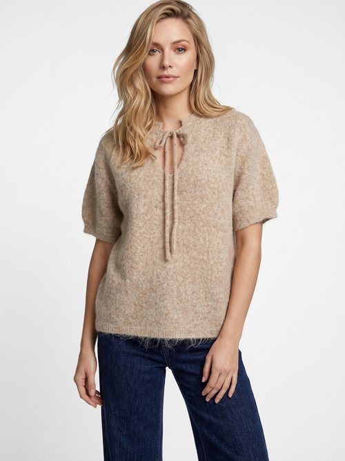 Pull manches courtes doux avec laine Femme Beige IA-PL194 FA1