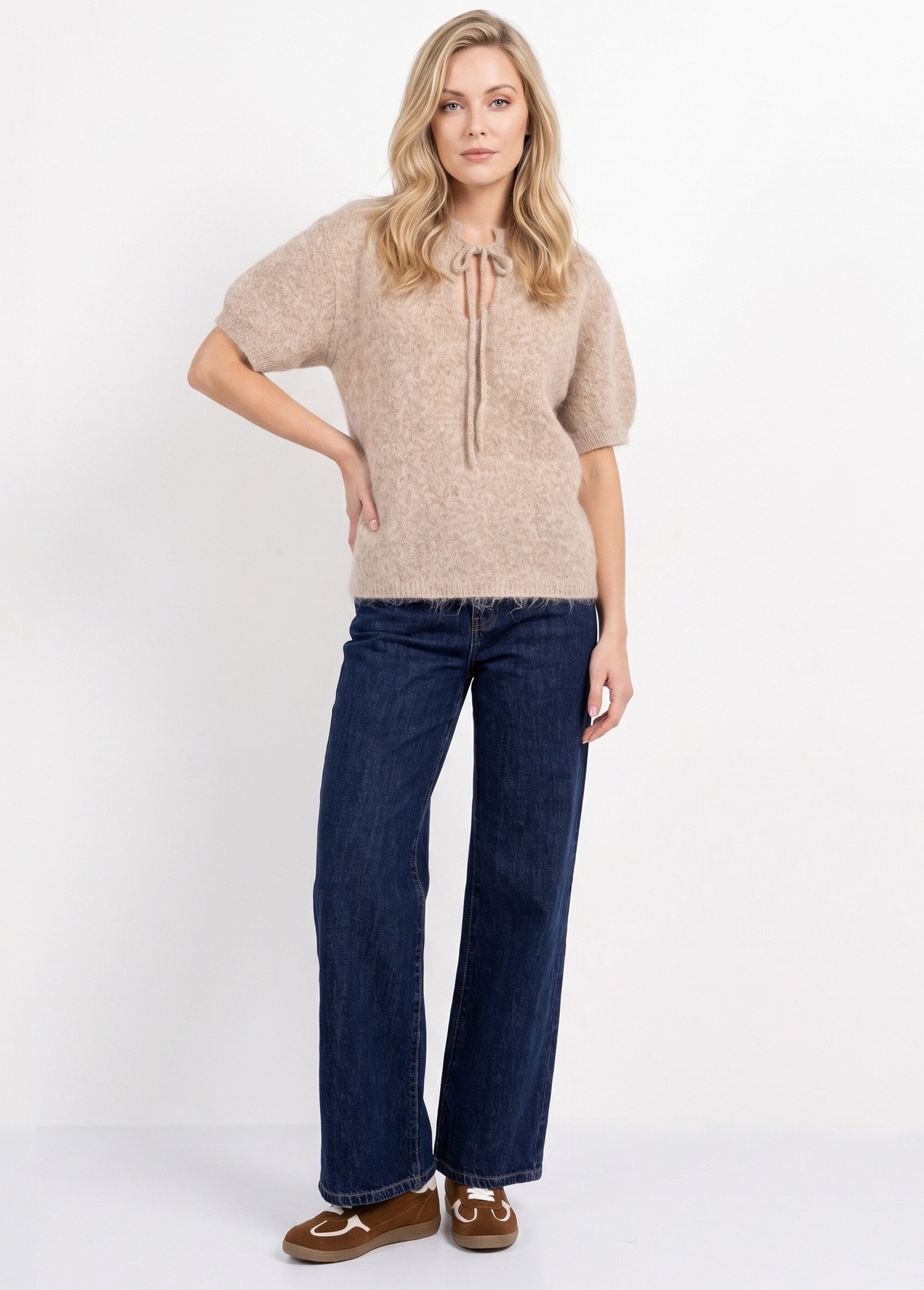 Pull manches courtes doux avec laine Femme Beige IA-PL194 SI1