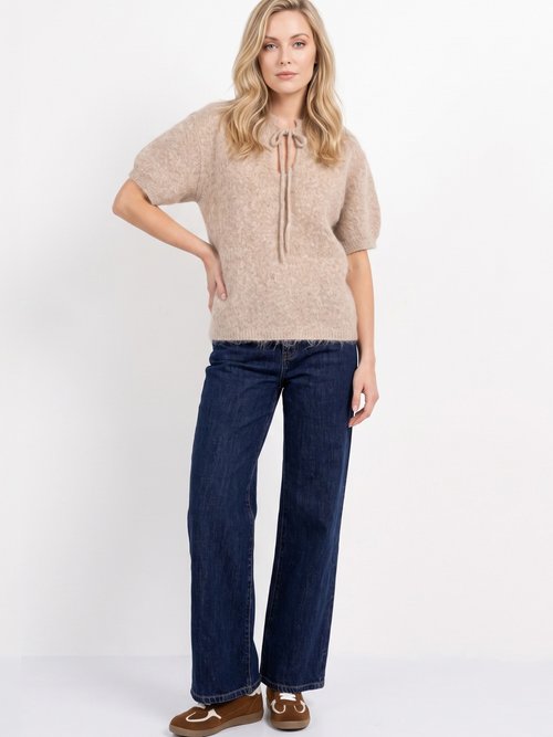 Pull manches courtes doux avec laine Femme Beige IA-PL194 SI1