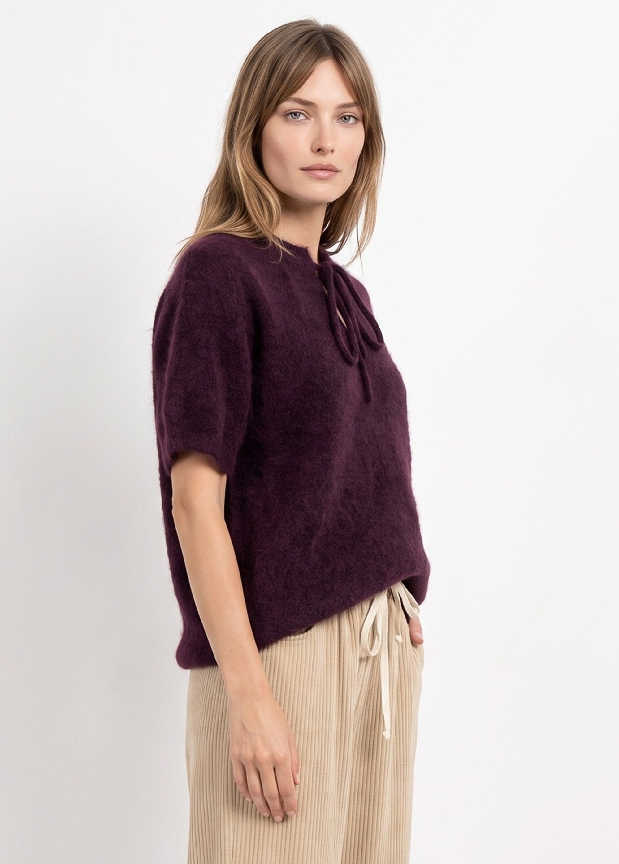 Pull manches courtes doux avec laine Femme Rouge IA-PL194 DR1