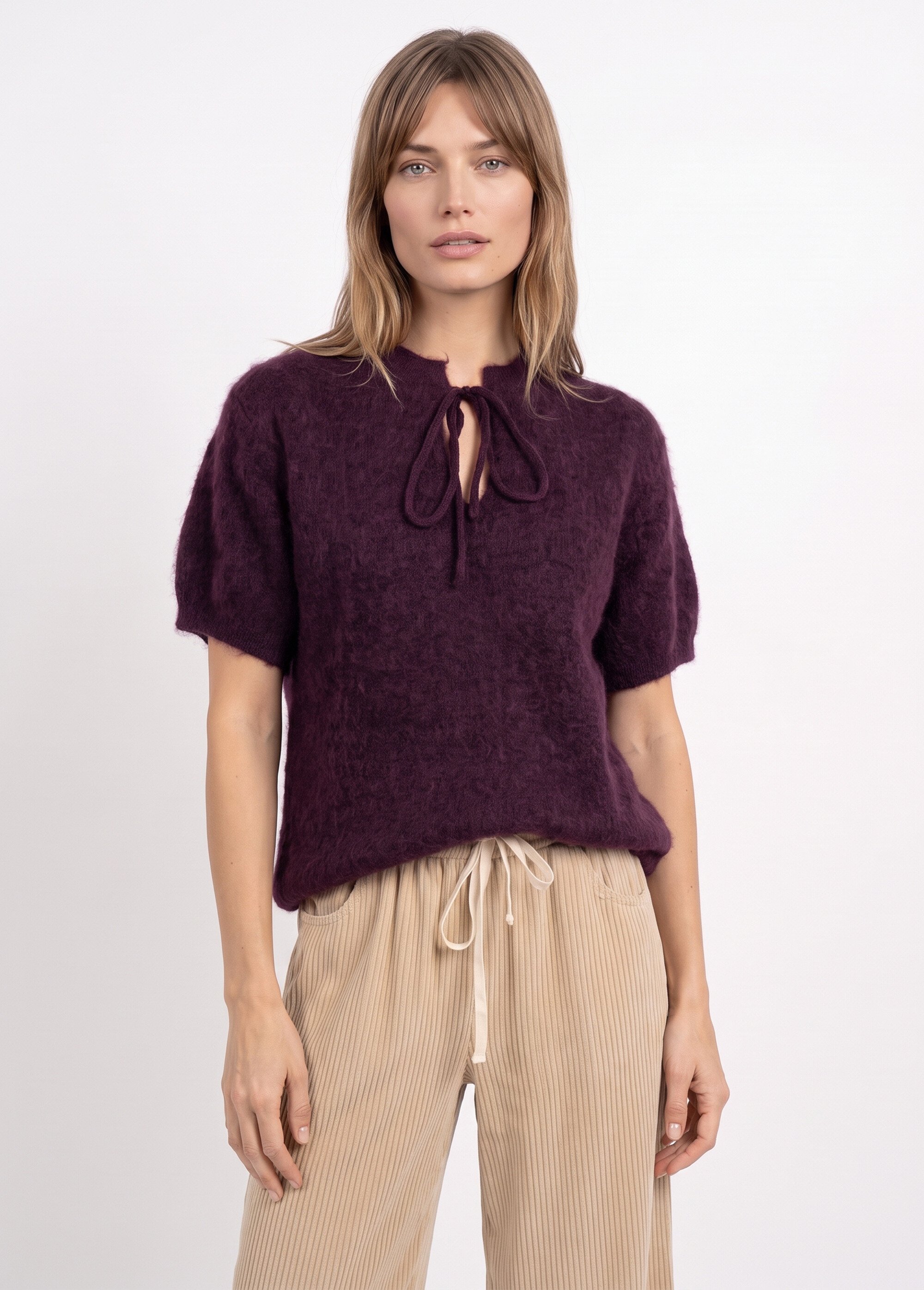 Pull manches courtes doux avec laine Femme Rouge IA-PL194 FA1