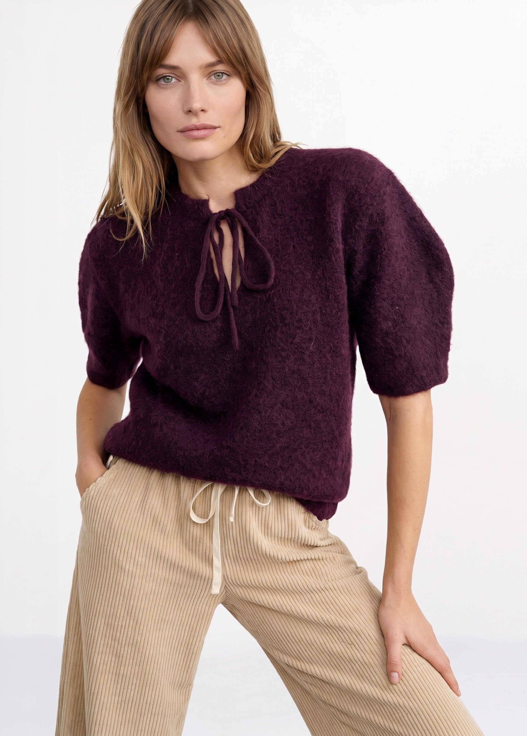 Pull manches courtes doux avec laine Femme Rouge IA-PL194 MV1
