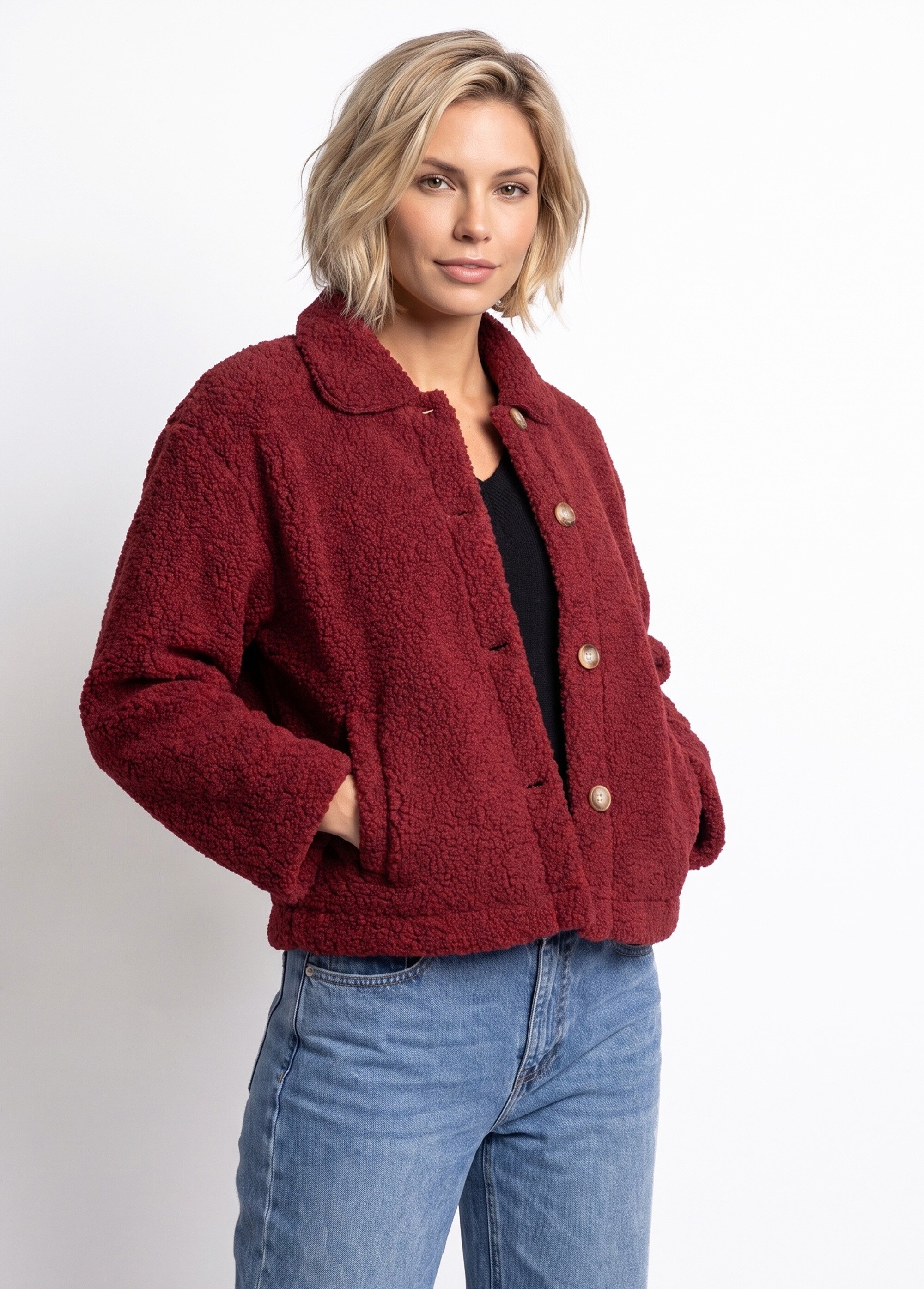 Veste maille bouclette intérieur polaire Femme Rouge IA-R7013 FA1
